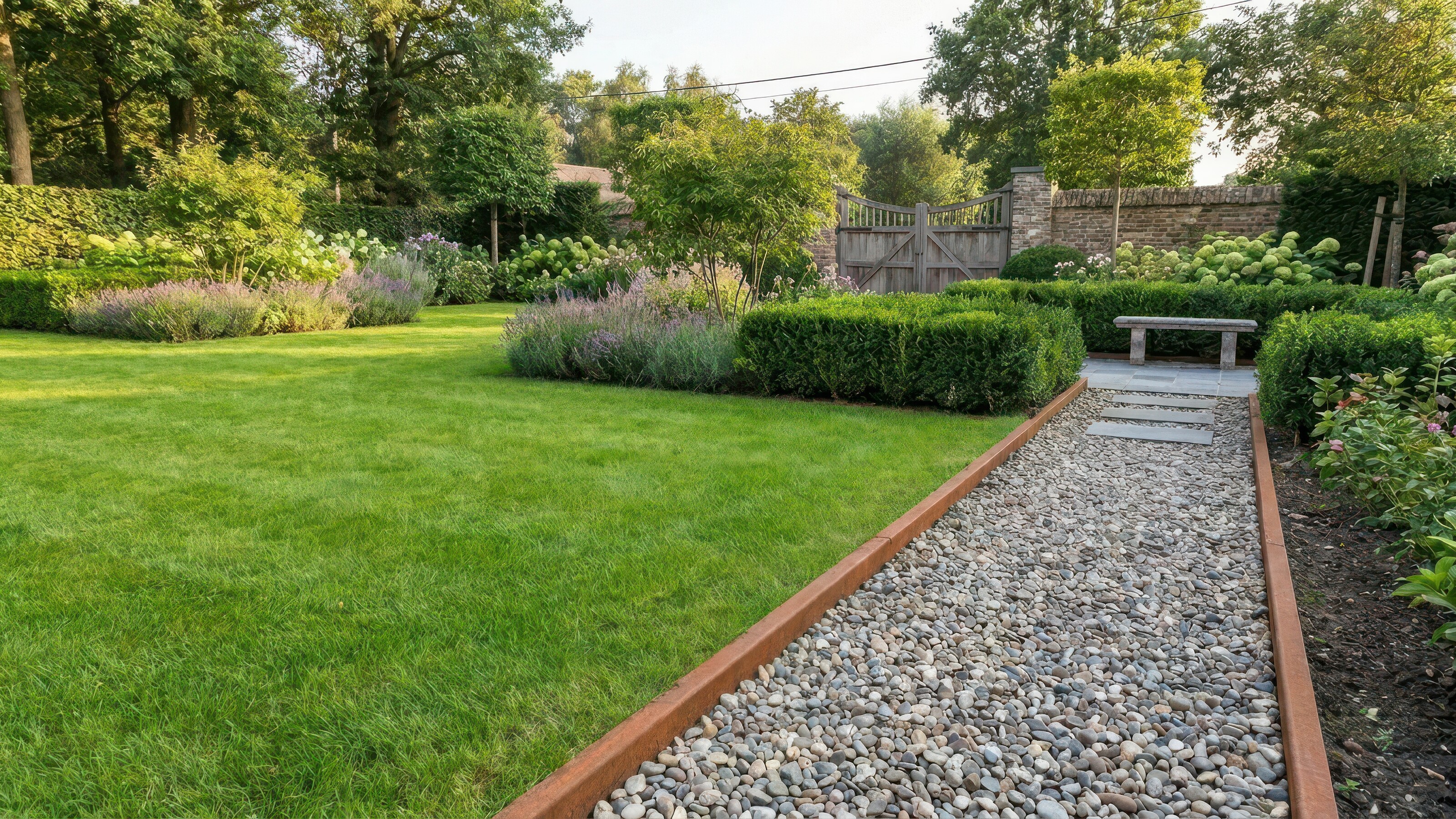 Groen gazon met grindpad en bloeiende borders in tuin bij avondlicht