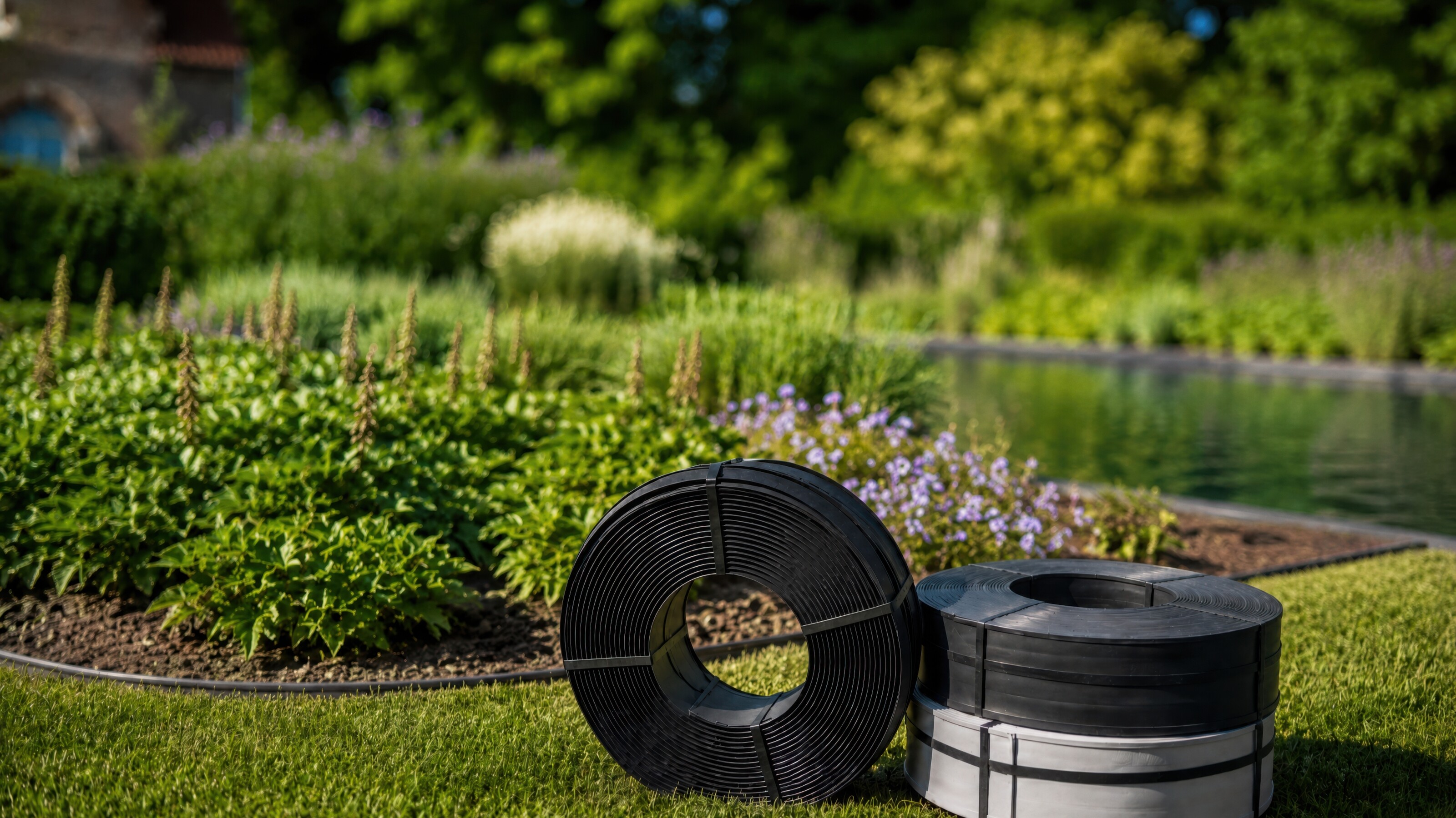 Barbell met gewichtsschijven op gras naast een ton, met bloeiende tuin op de achtergrond