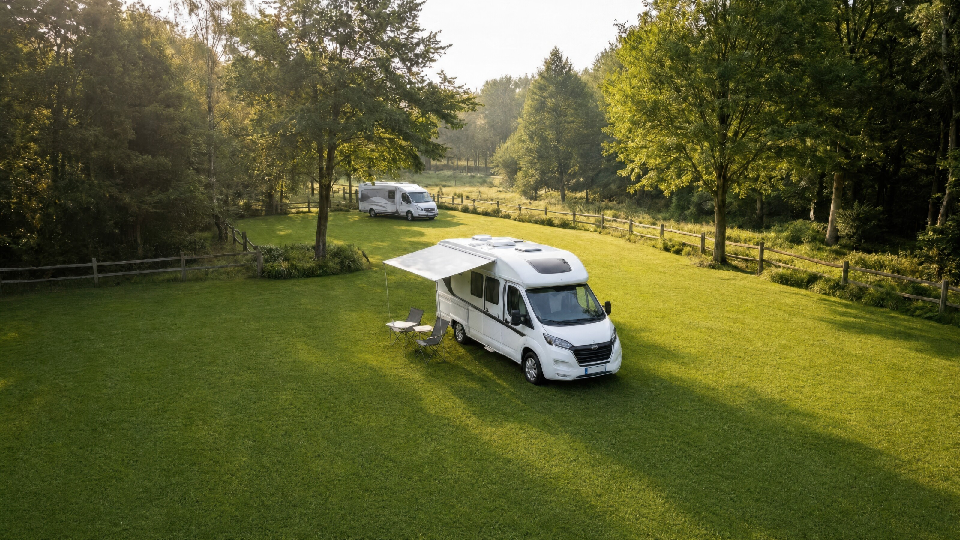 Witte camper op groen grasveld tussen bomen, met nog een camper op de achtergrond.