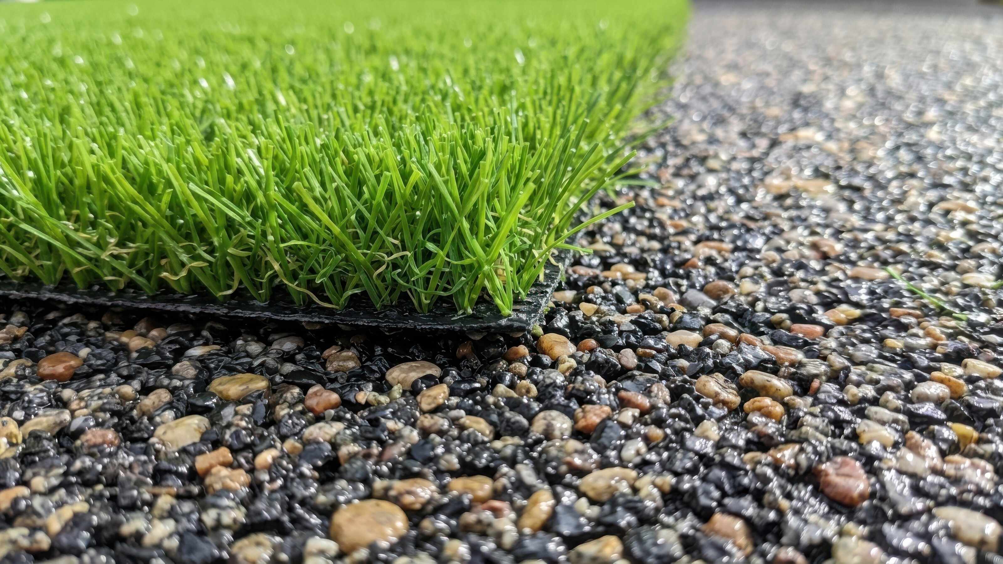 Kunstgrasmat op grind, close-up met scherp groen gras en steentjes