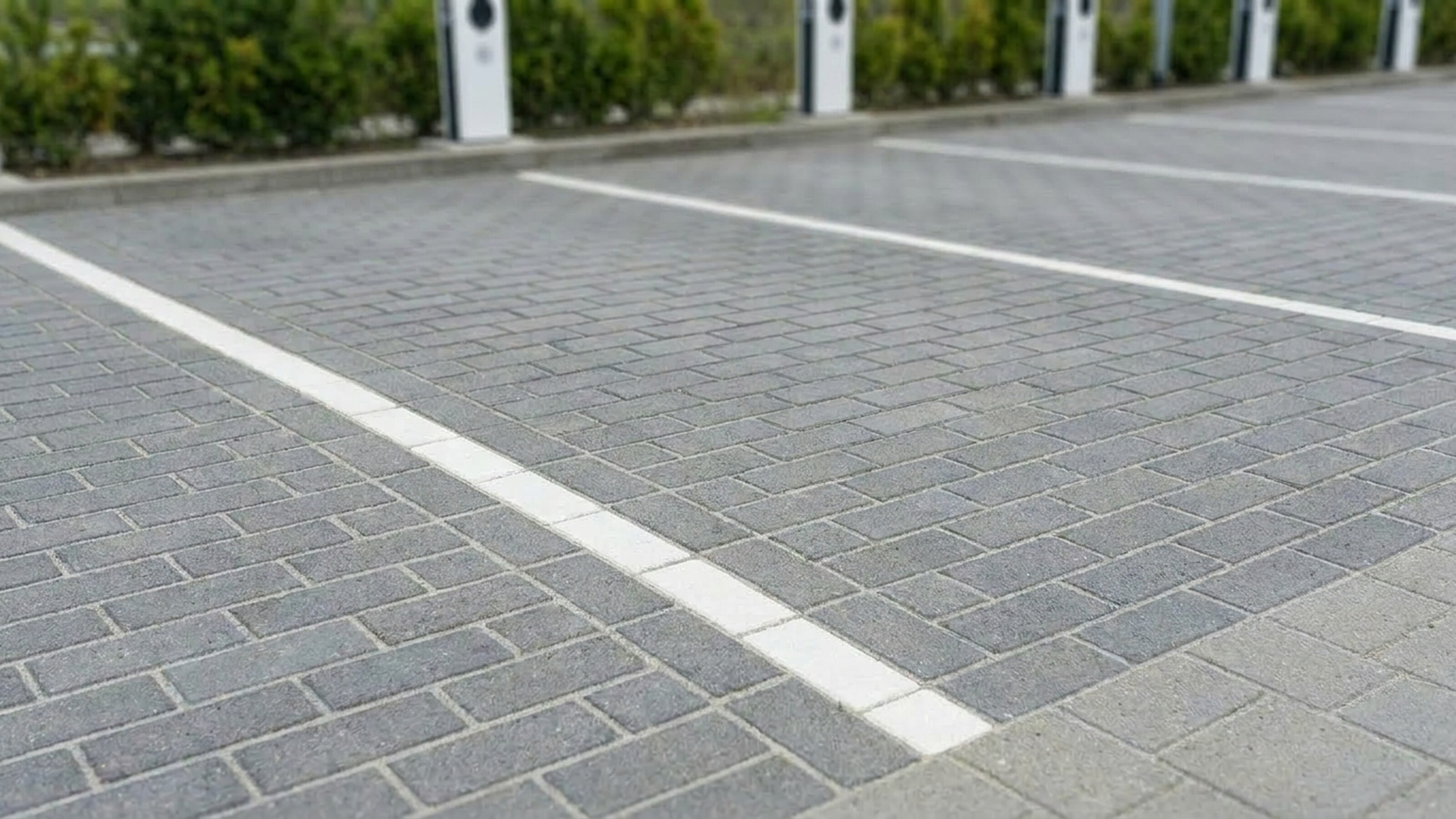 Empty parking spaces with gray brick paving and white lines