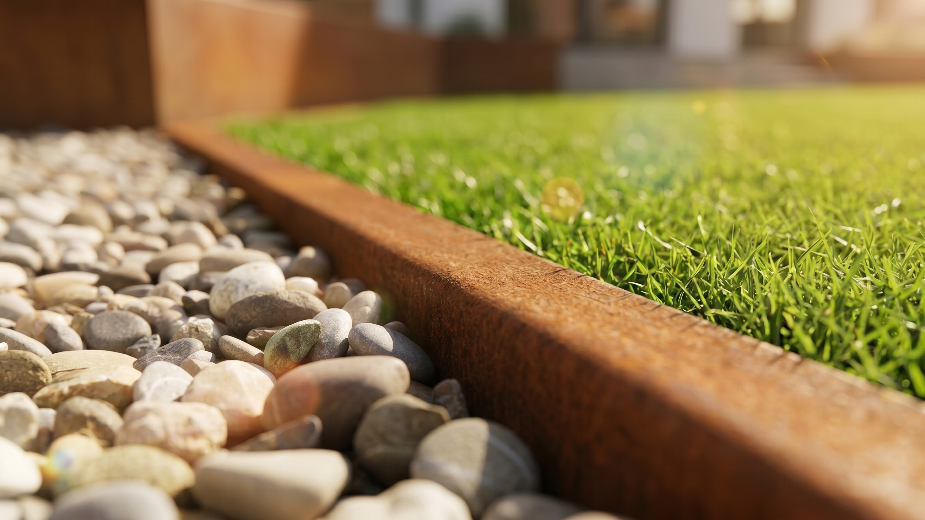 Witte kiezels naast roestige metalen rand en groen gras in zonlicht