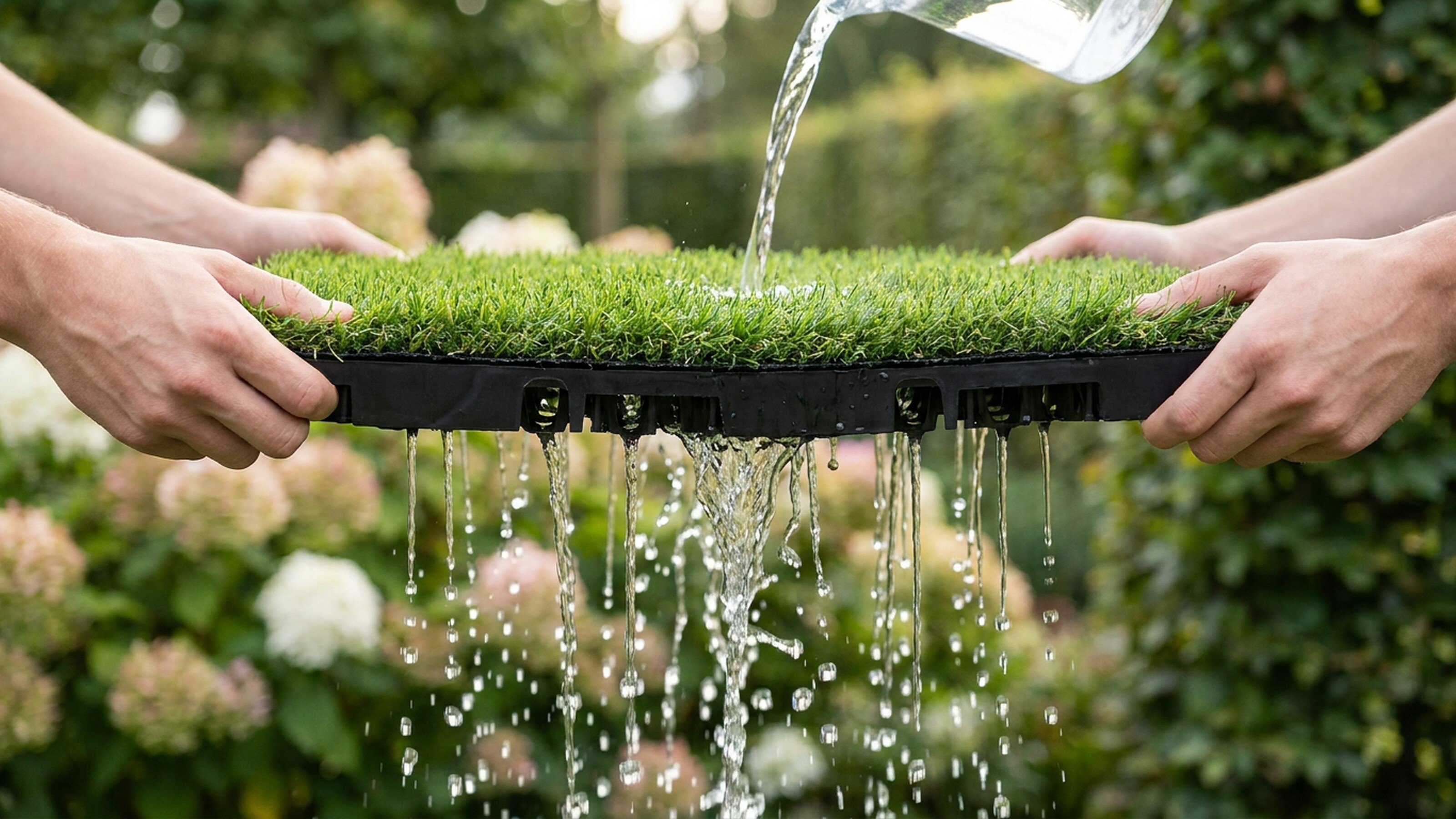 Twee handen houden graszode vast; water druppelt uit de wortels in een tuin