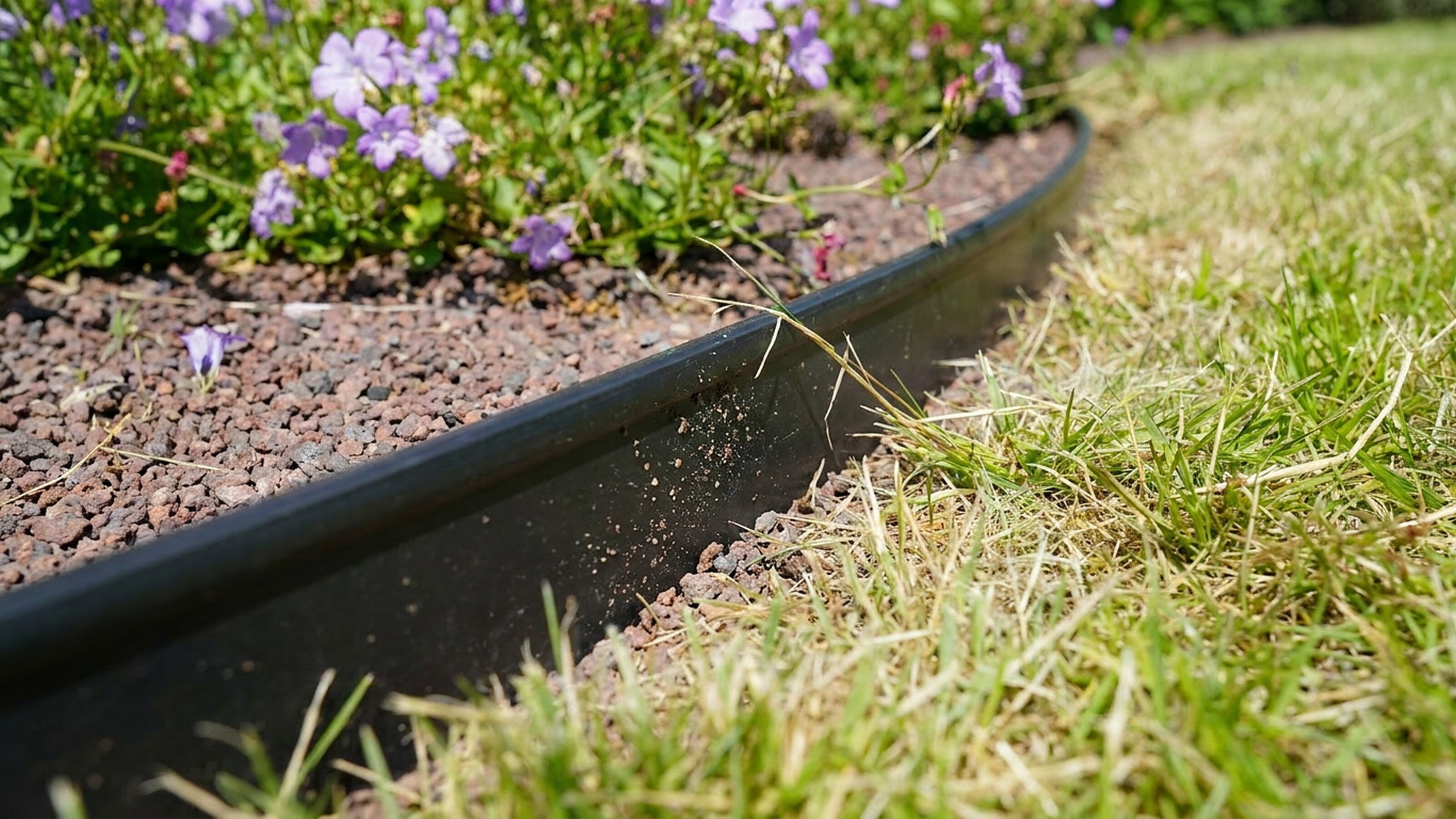 Bloembed met paarse bloemen langs zwarte boord in grasveld