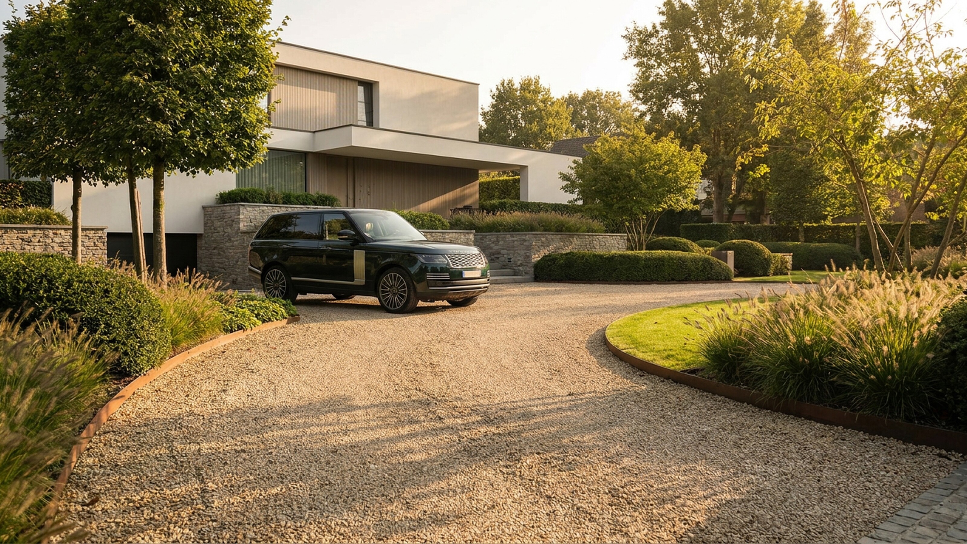Oprit met twee geparkeerde wagens bij modern huis, omringd door groen in avondlicht