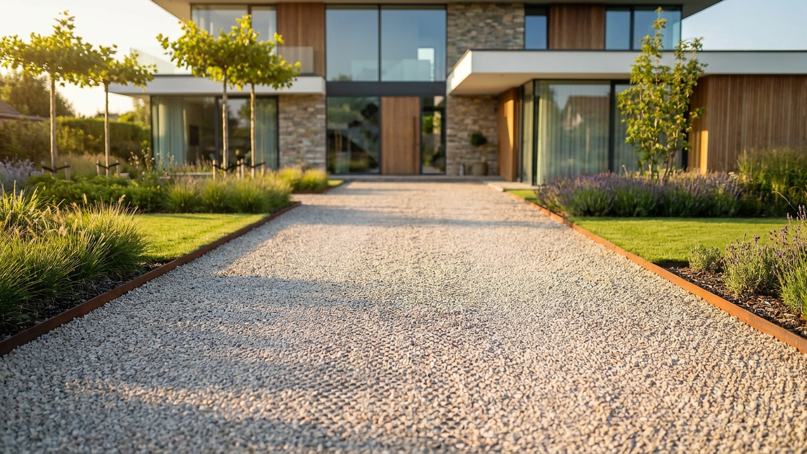 Modern home with a wide gravel driveway in warm evening light