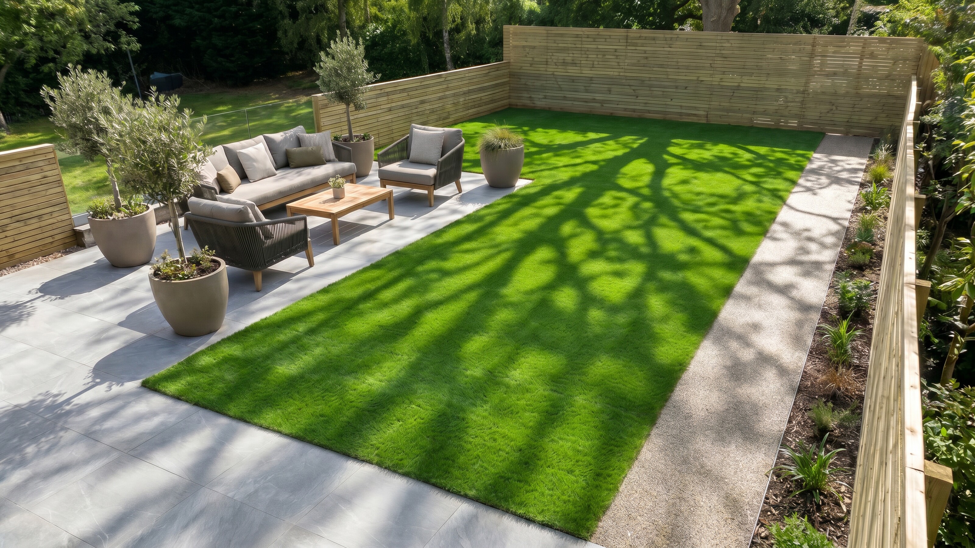 Moderne tuin met terrasmeubilair en rechthoekig grasveld met schaduwen