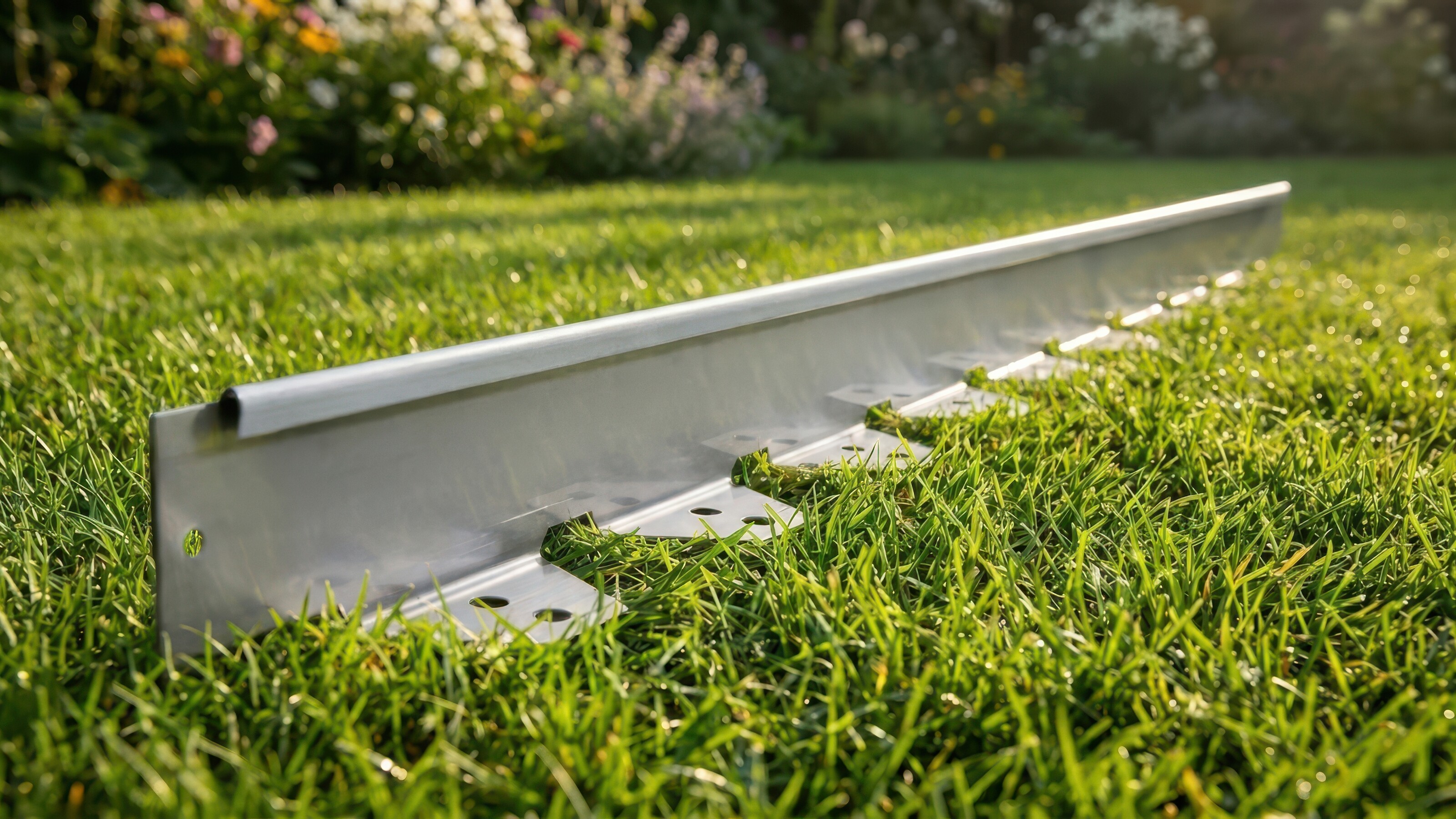 Metal leveling beam on grass in sunlight