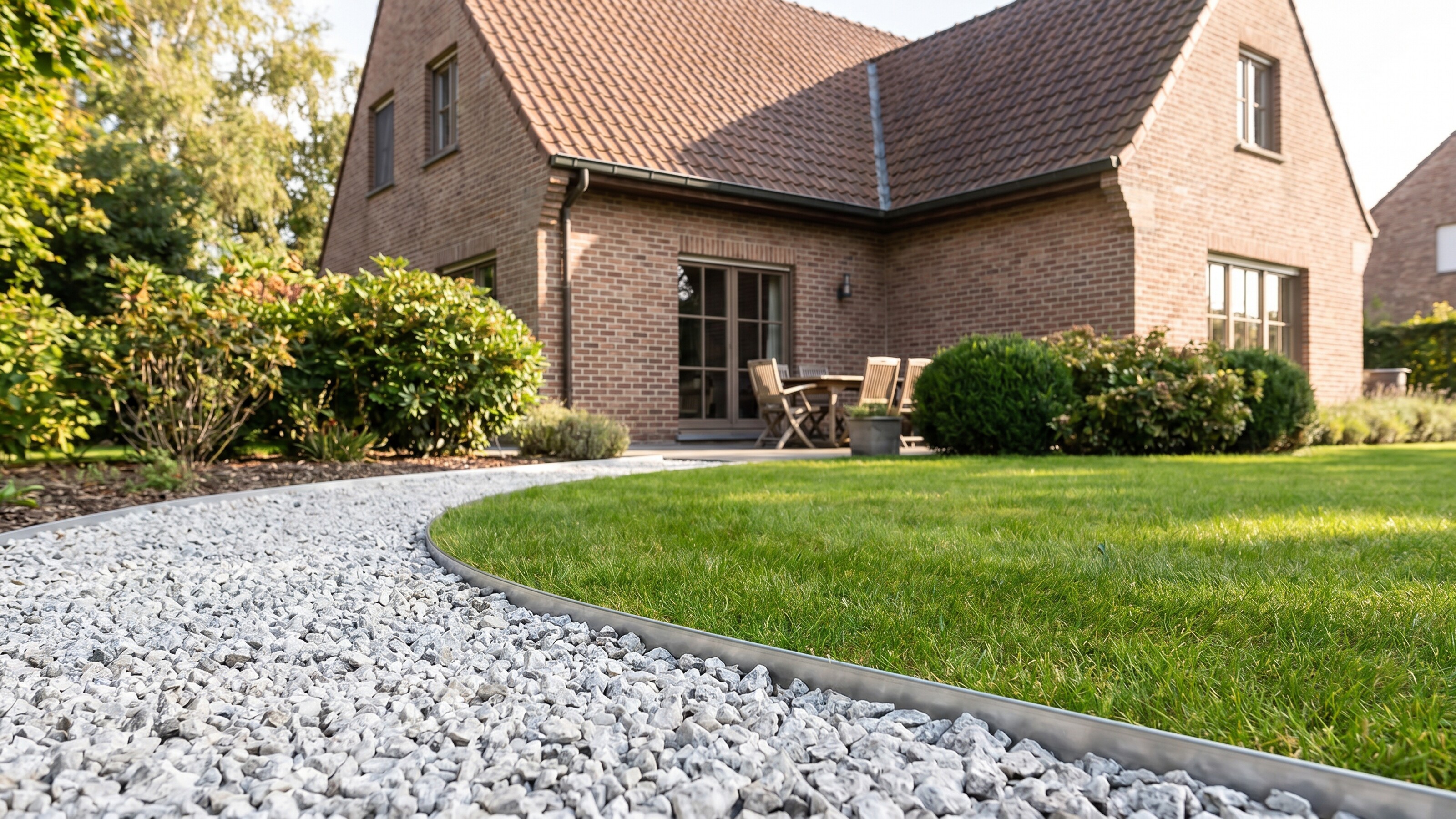 Stone path leading to a brick house with manicured lawn and shrubs