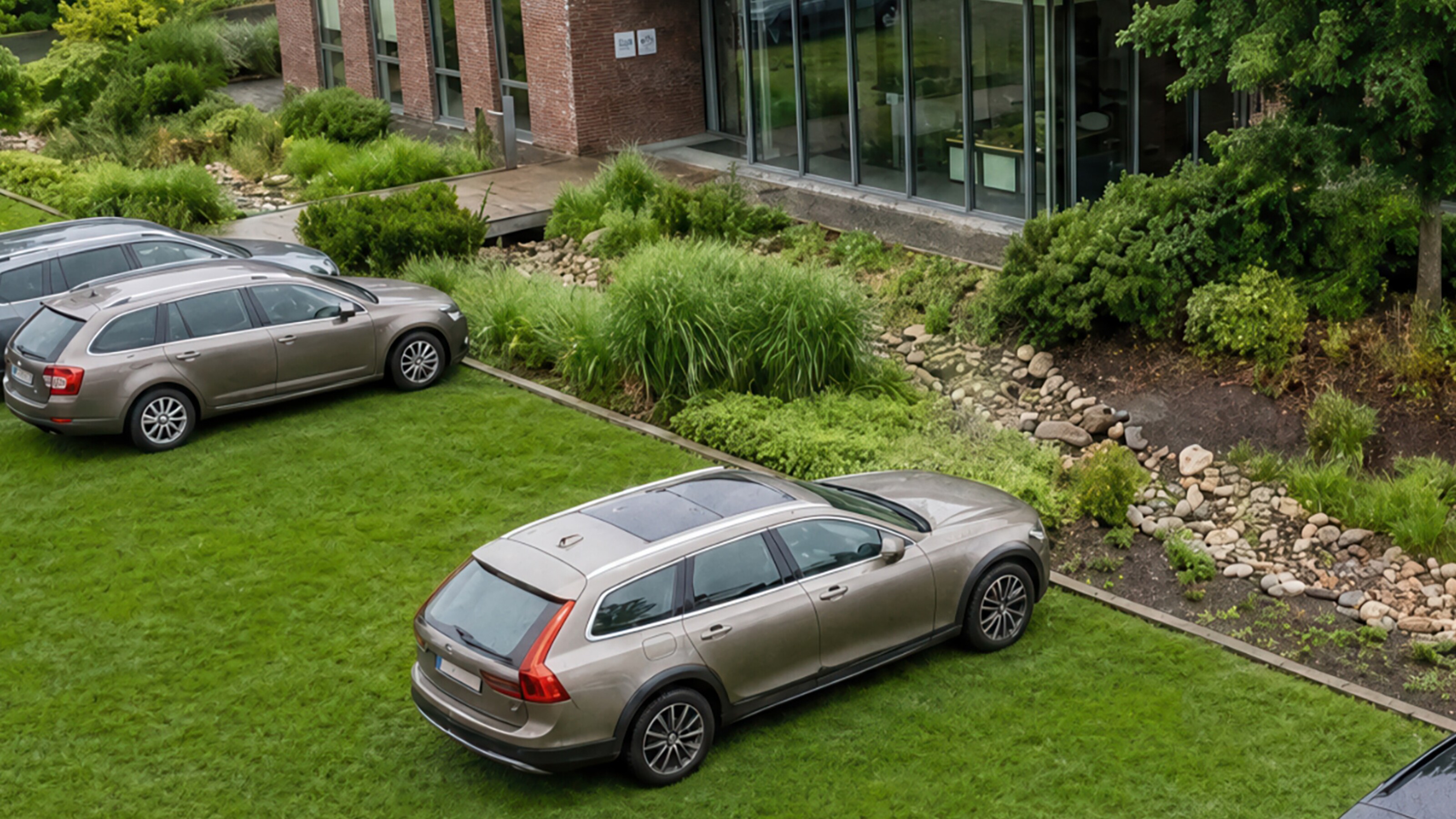 Modern brick and glass house with cars parked on a grassy front yard