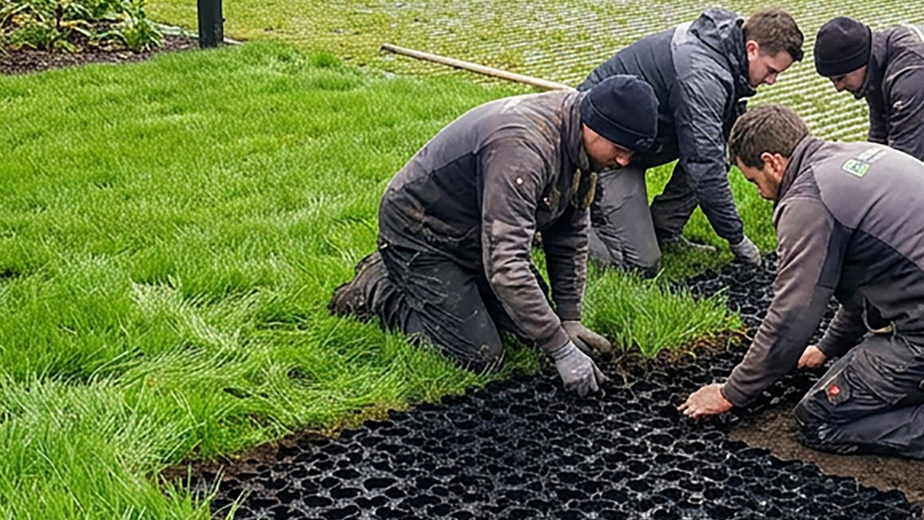 Three people kneel on lawn, installing black drainage grid in soil trench