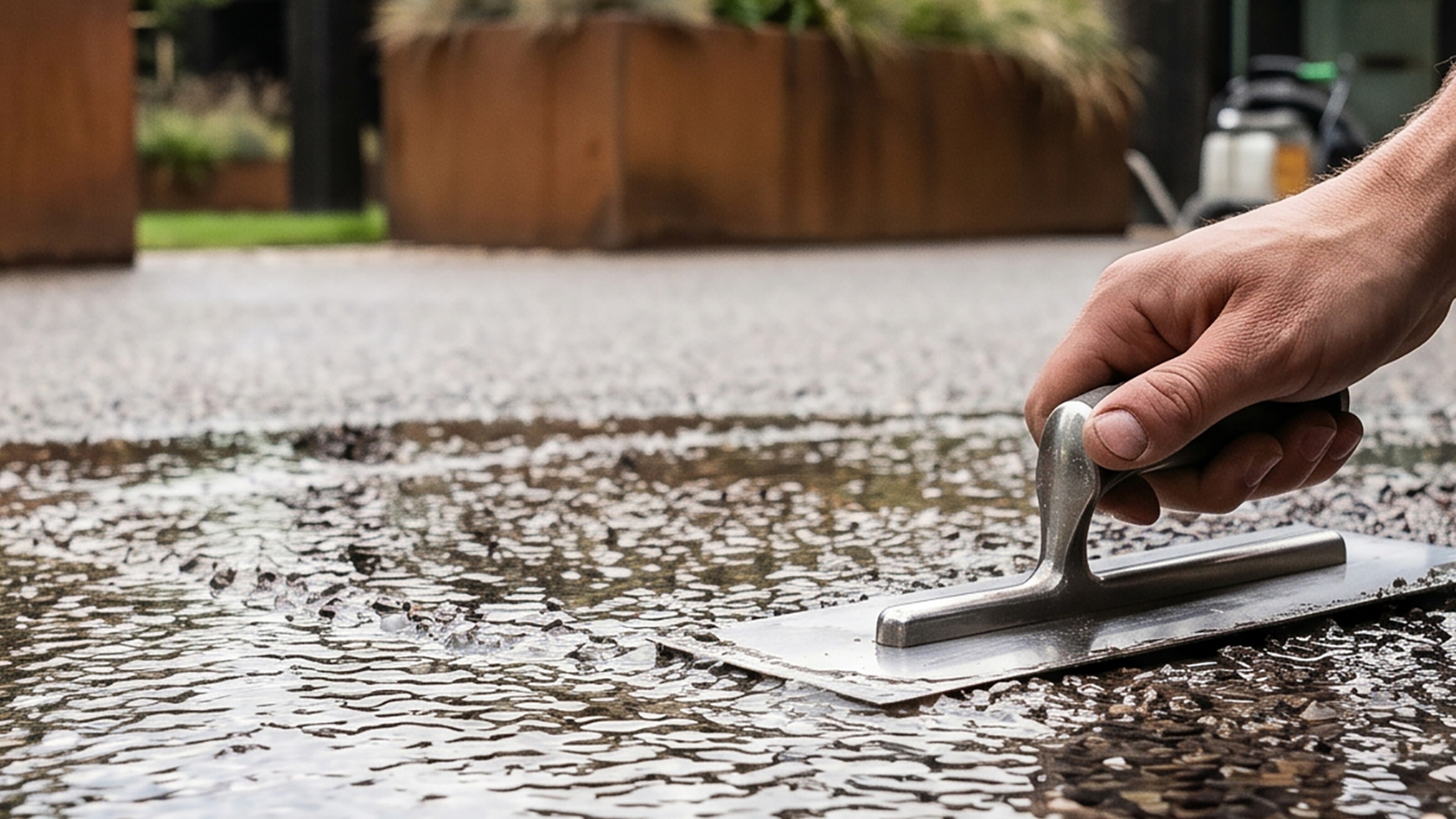 Hand using a squeegee to spread water on a gravel patio near modern planters