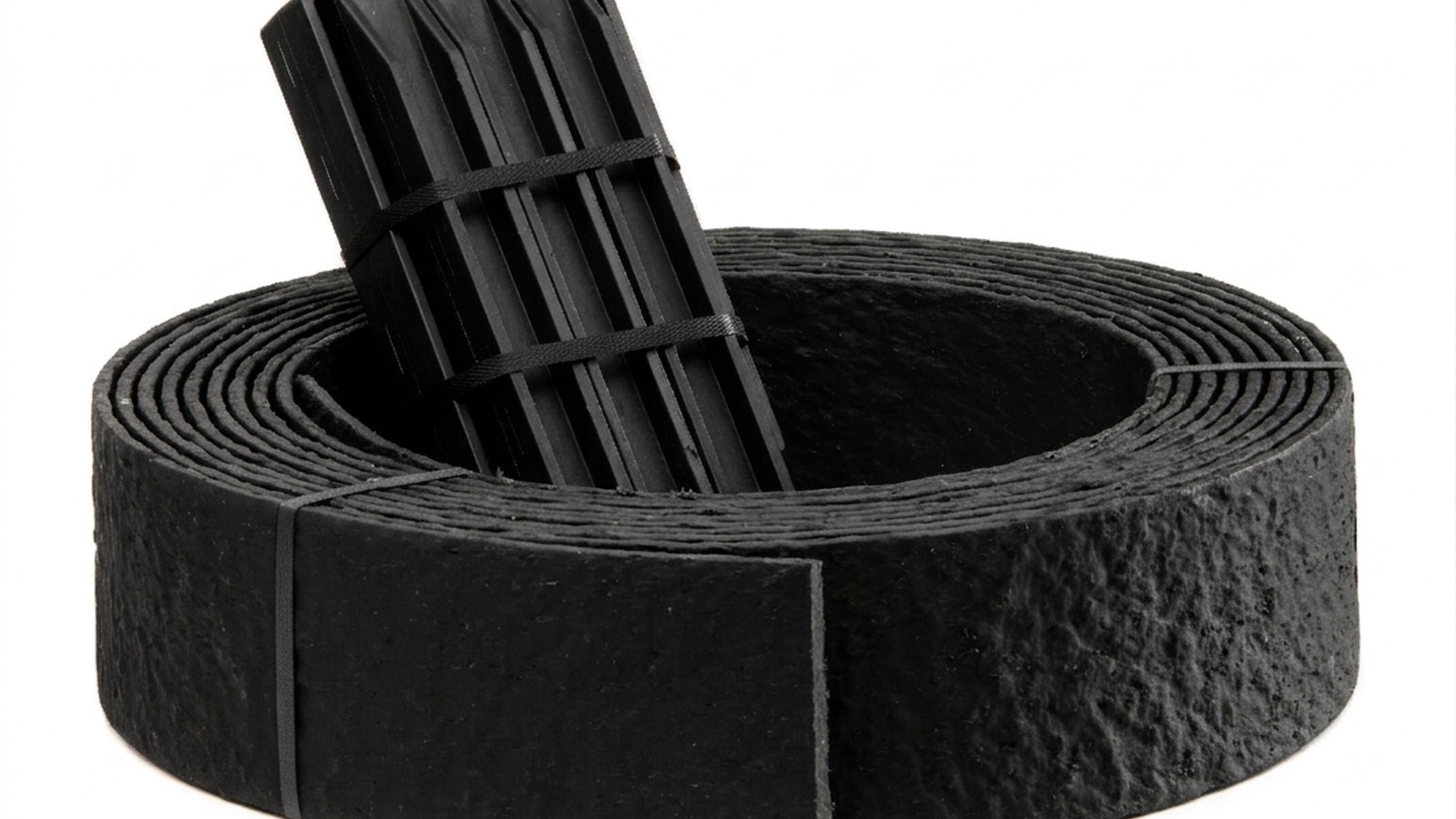 Rolled black foam strip with plastic insert and a few screws on white background