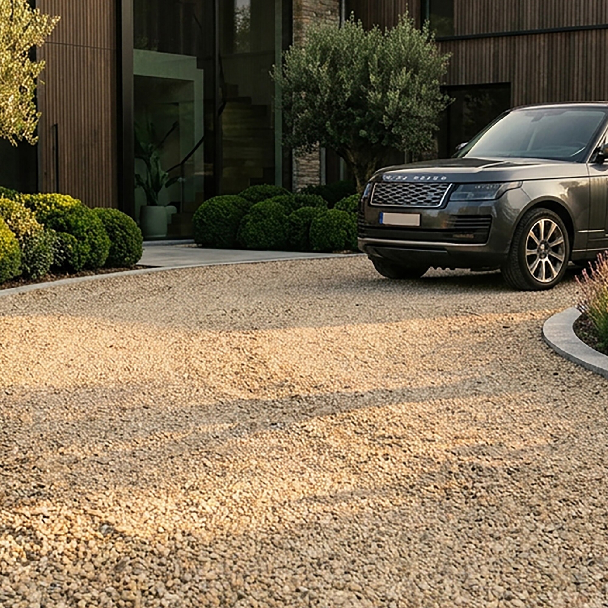 SUV parked by a modern home on a gravel driveway at sunset