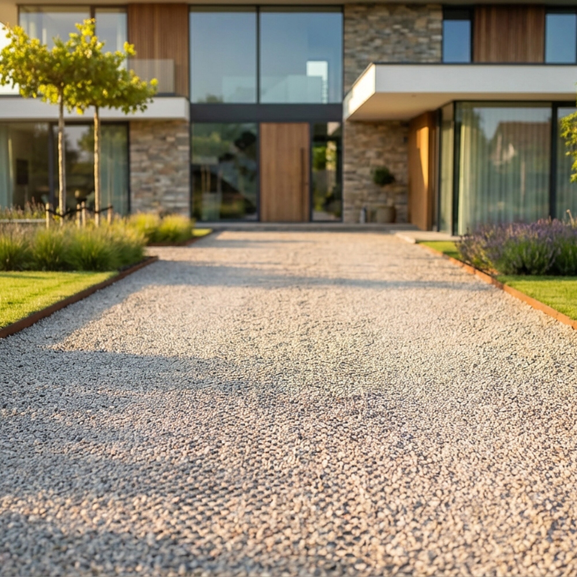 Moderne woning met brede grindoprit in warm avondlicht
