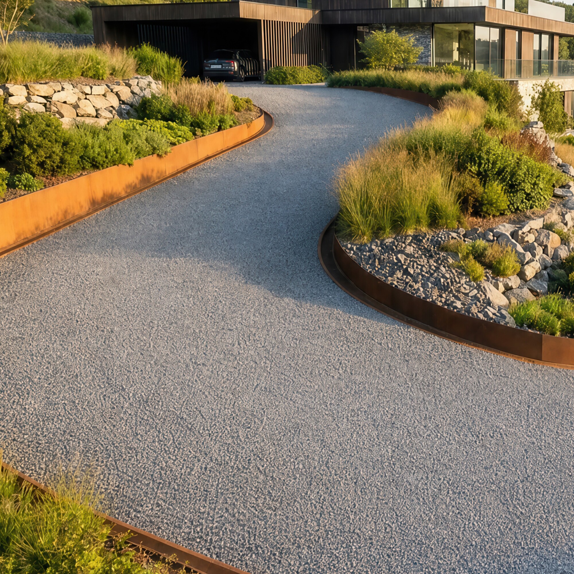 Curving gravel path leading to a modern house amid landscaped greenery