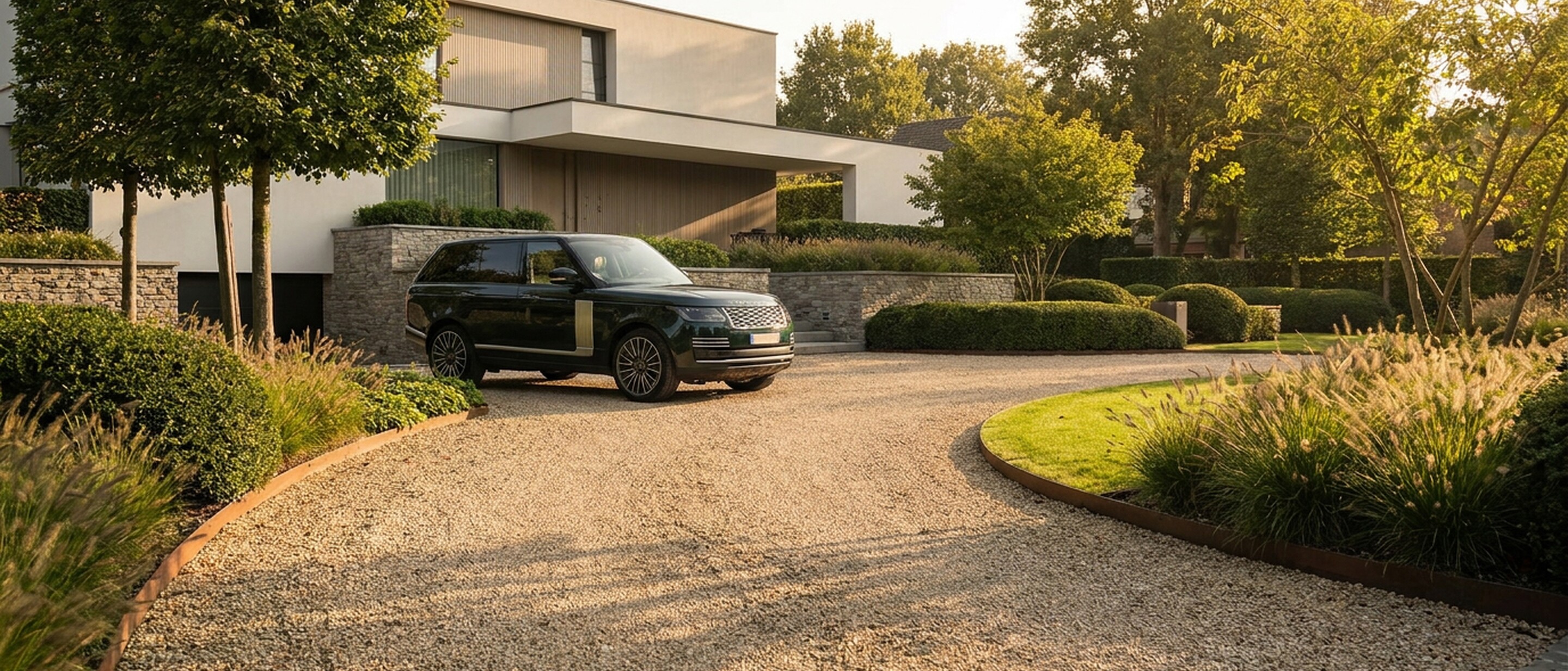 Oprit met twee geparkeerde wagens bij modern huis, omringd door groen in avondlicht