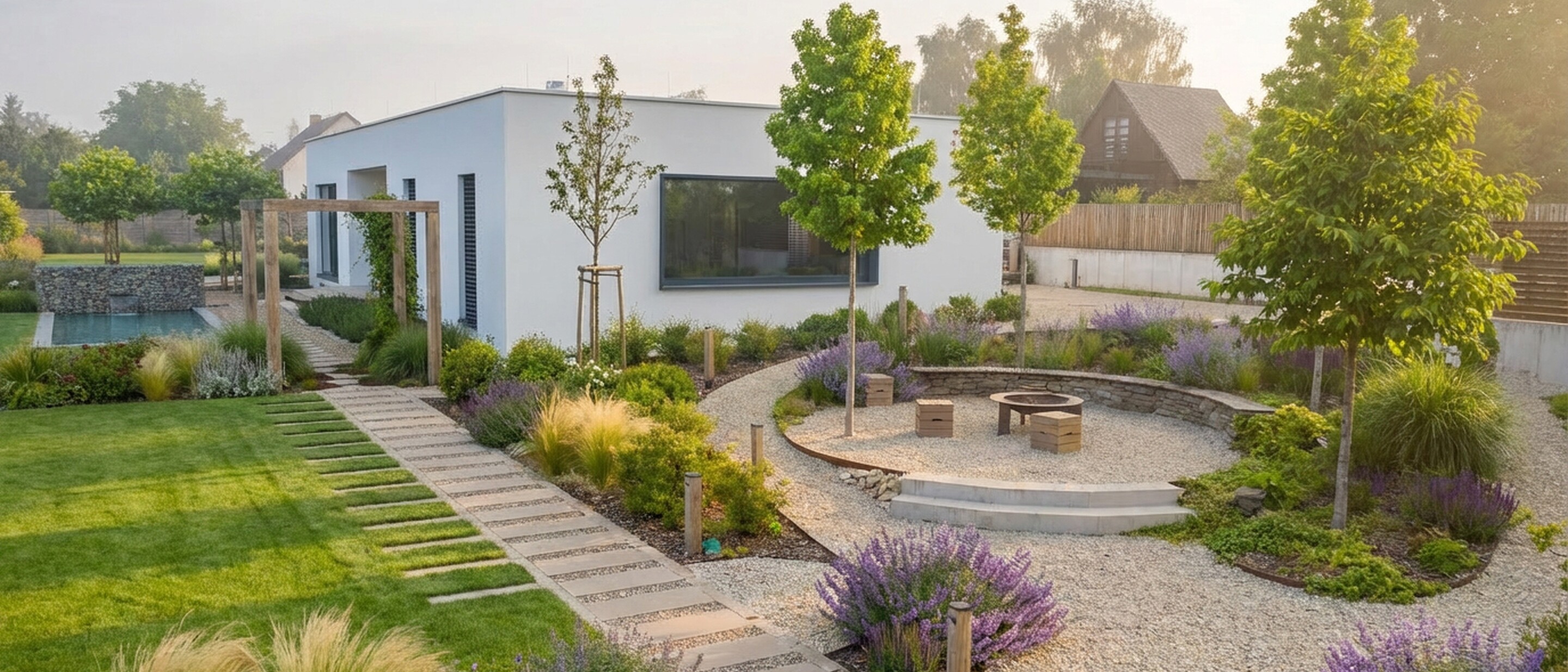 Modern white house with landscaped garden and curved gravel patio in sunlight