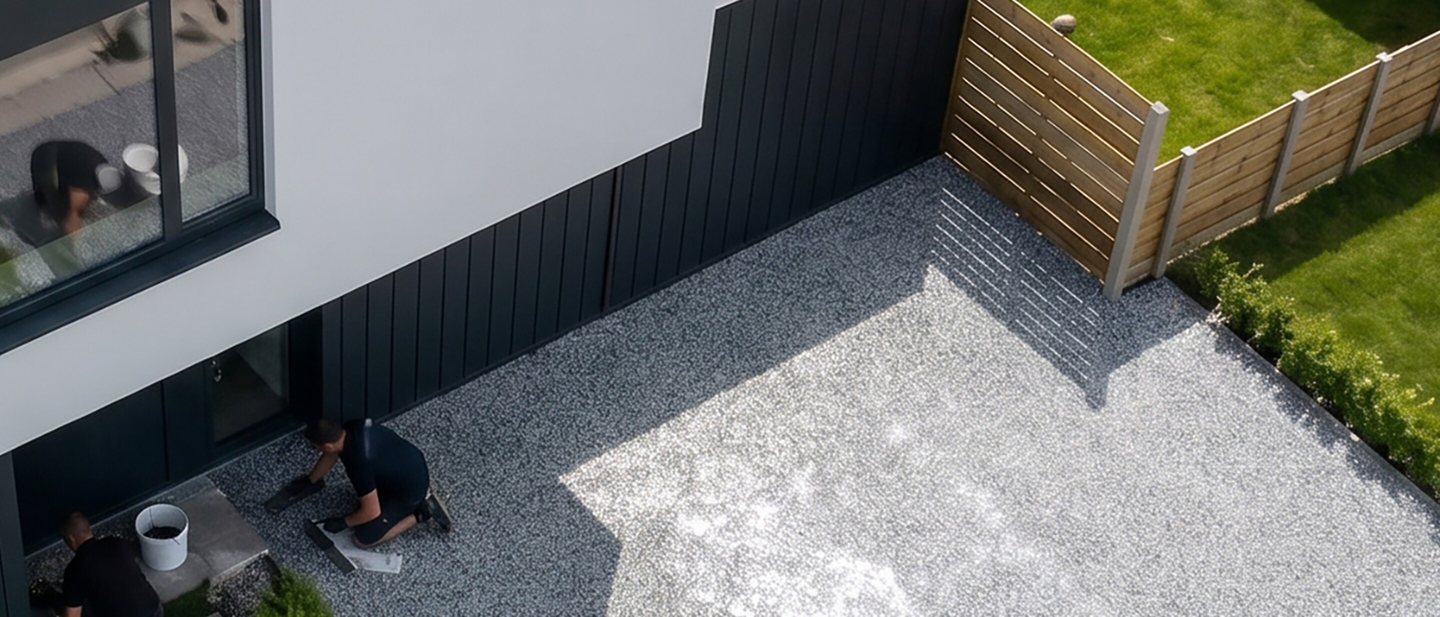 Aerial view of a modern house patio with people sitting at a table and sunbathing