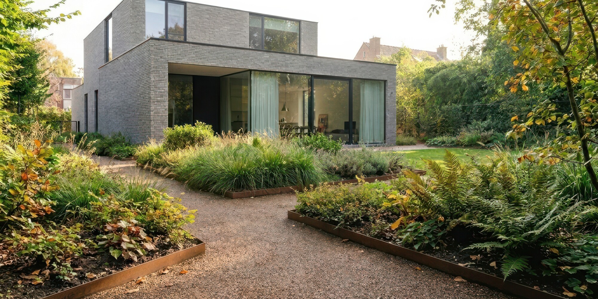 Modernes Betonhaus mit großen Fenstern am Gartenweg, umgeben von Grün und Bäumen