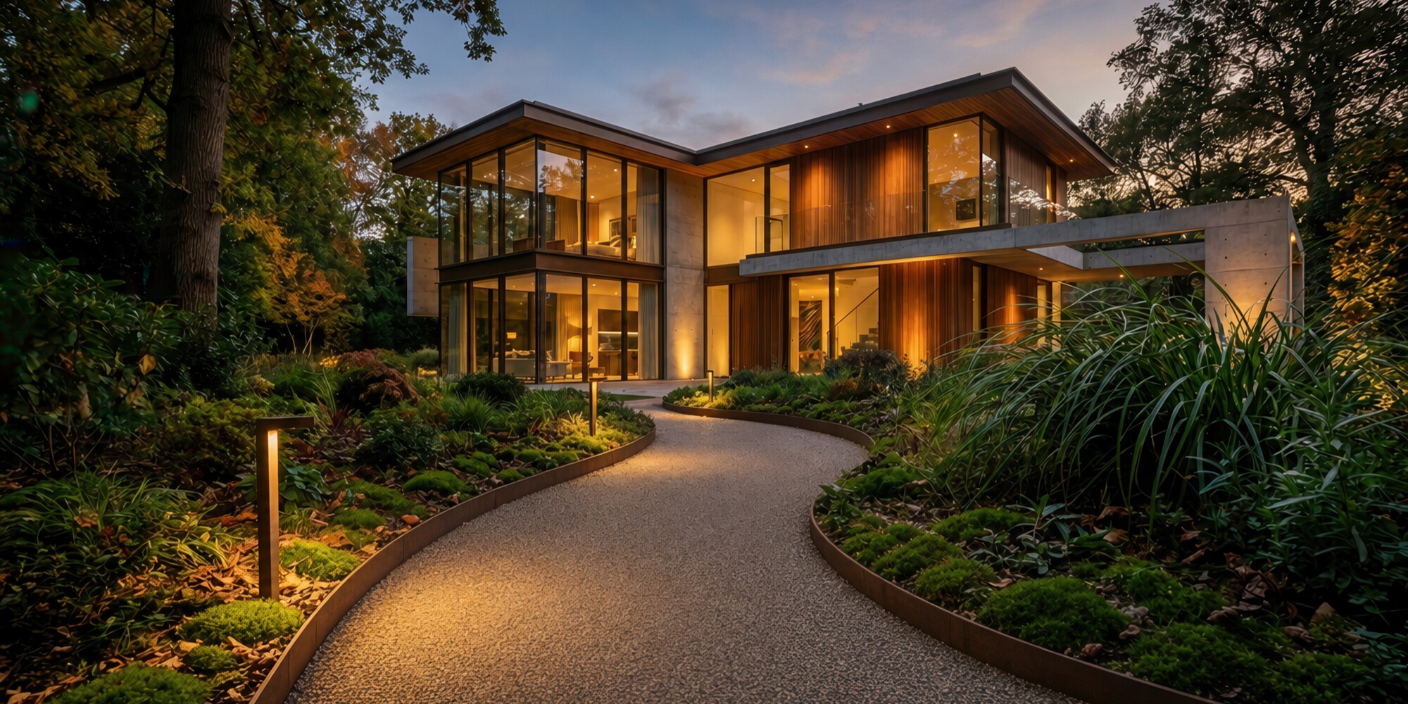 Modern house at dusk with warm lights and a winding driveway through greenery