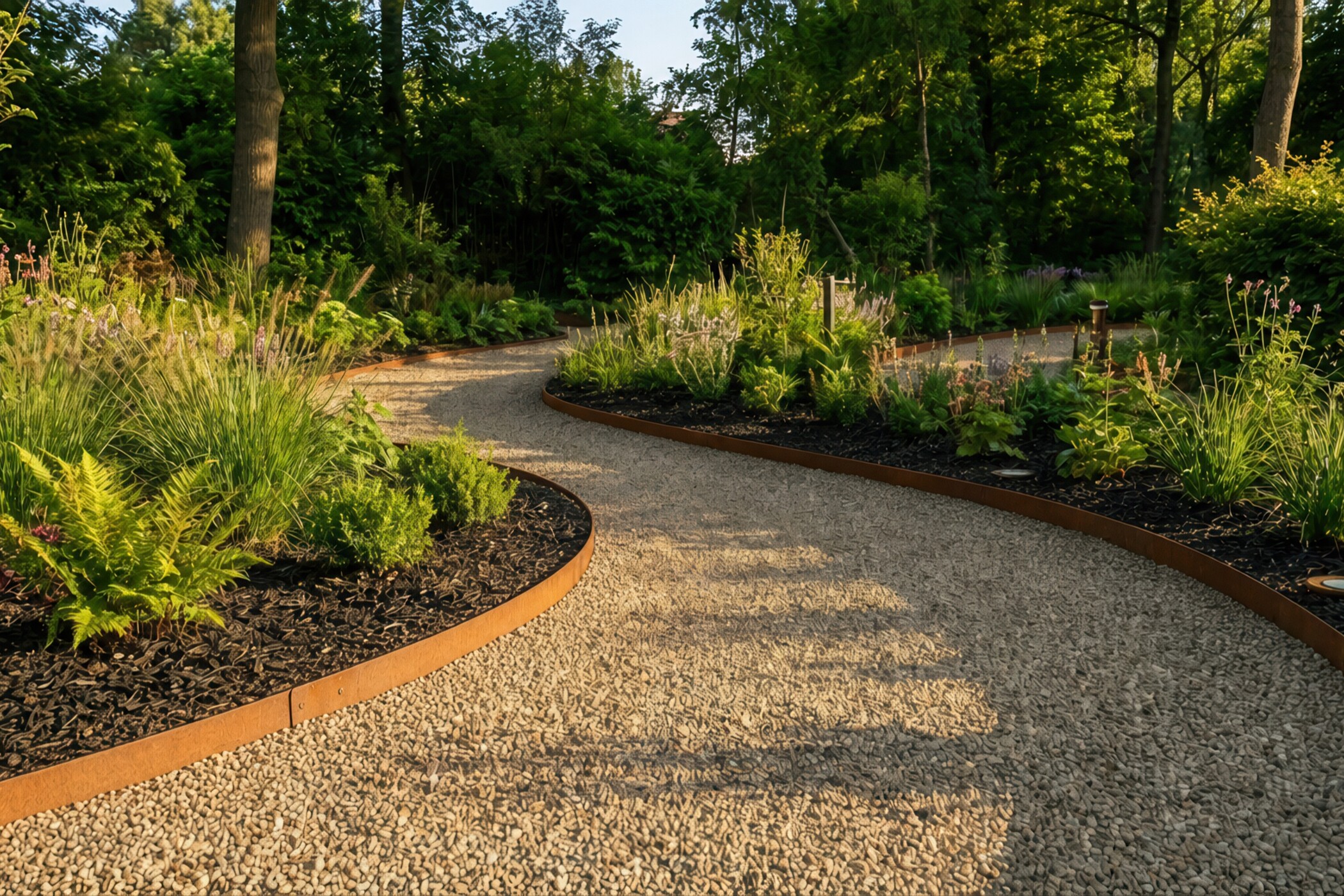 Kronkelend grindpad door een groene tuin bij warm avondlicht