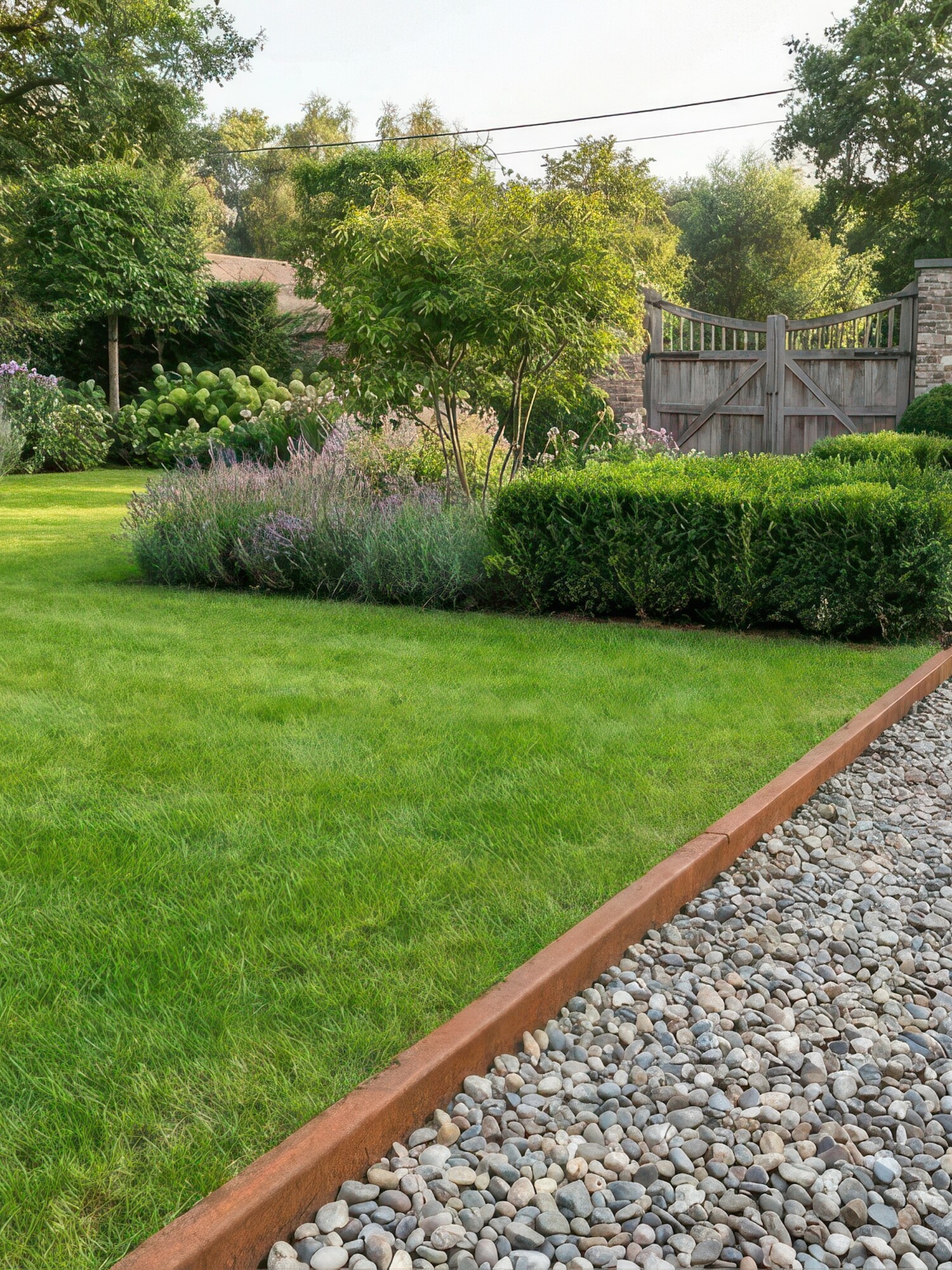 Groen gazon met grindpad en bloeiende borders in tuin bij avondlicht