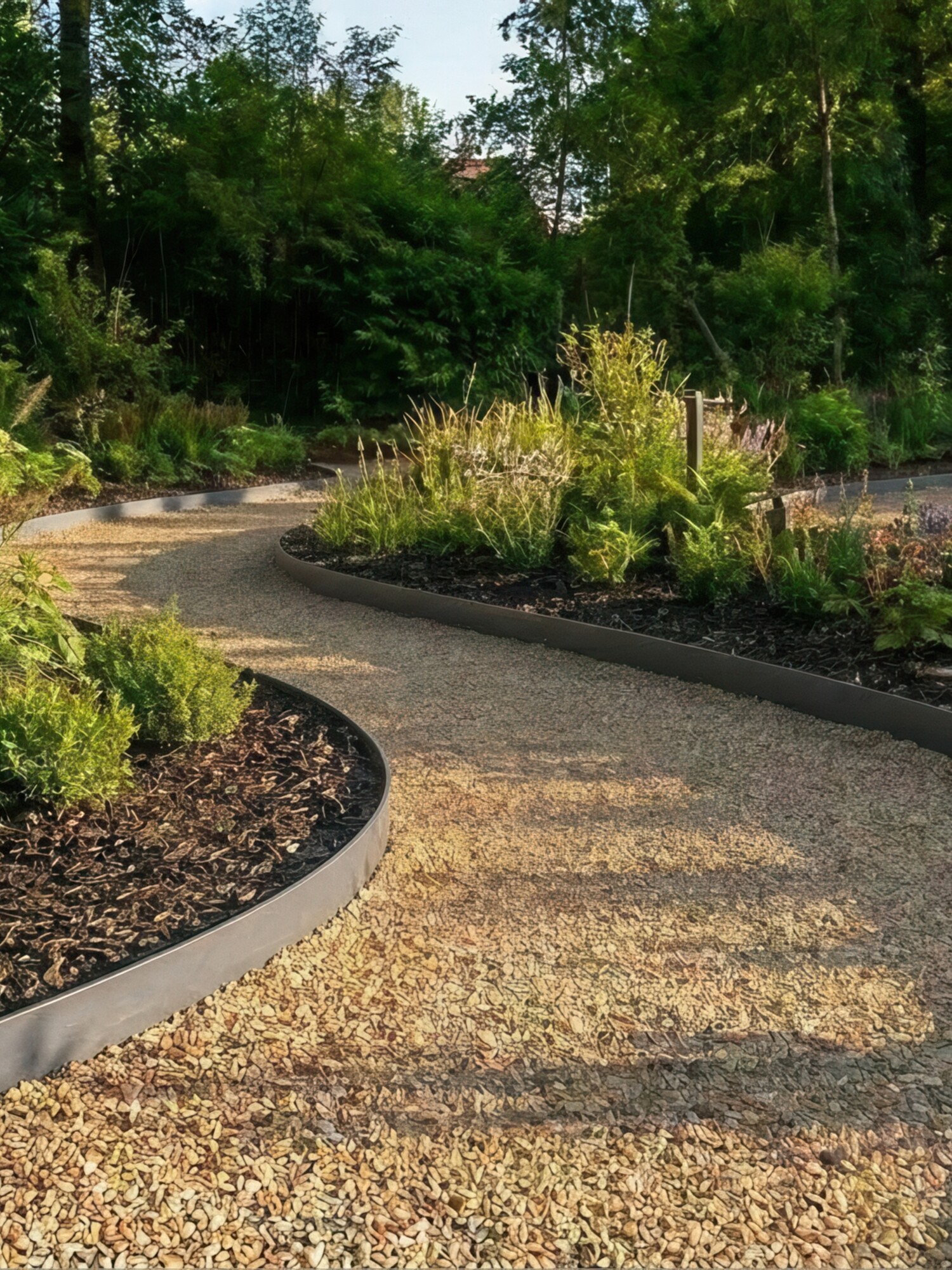 Kronkelend grindpad door een groene tuin, met randen en avondzon