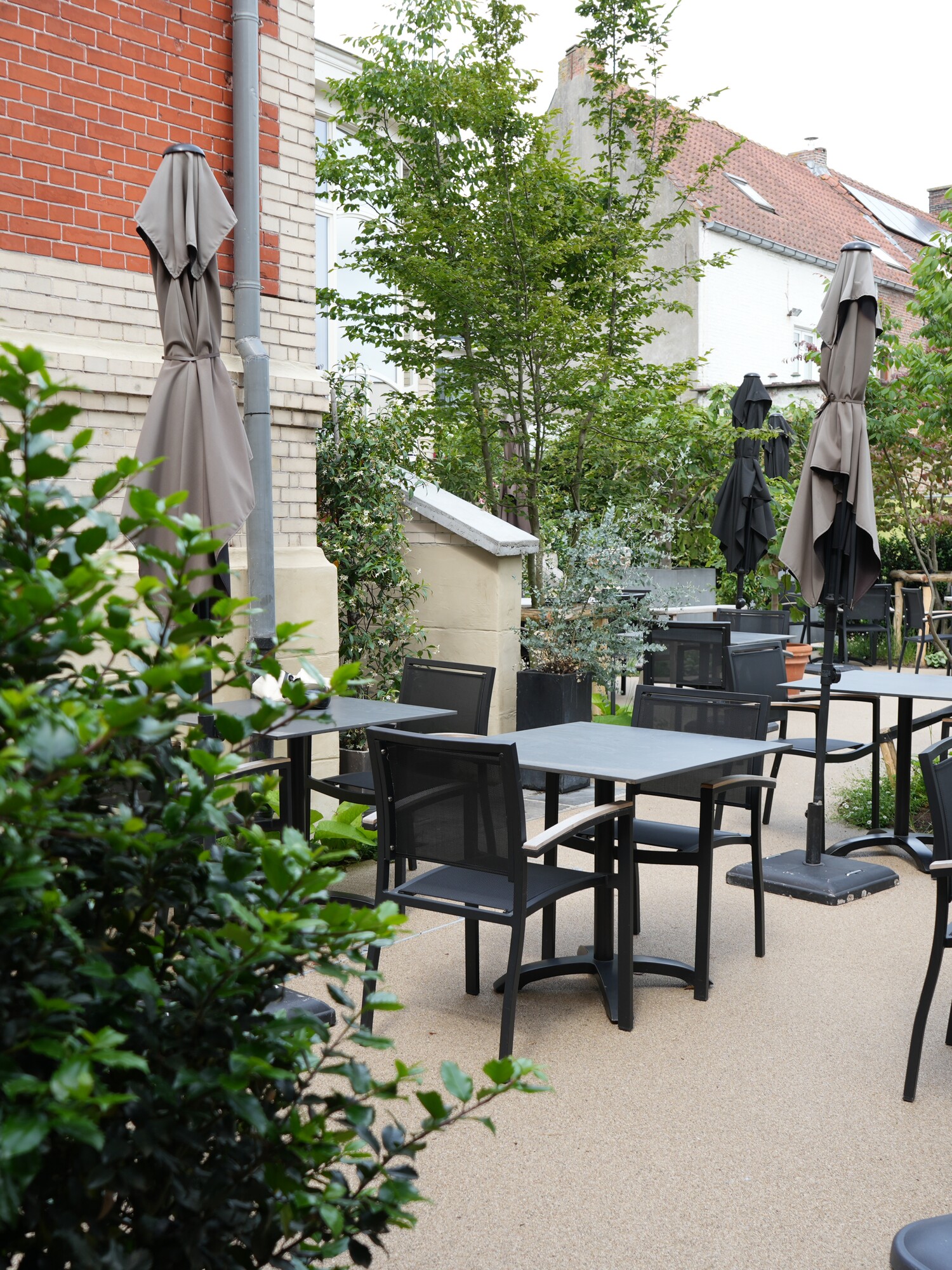 Empty terrace with tables and chairs amid greenery, closed parasols next to a building