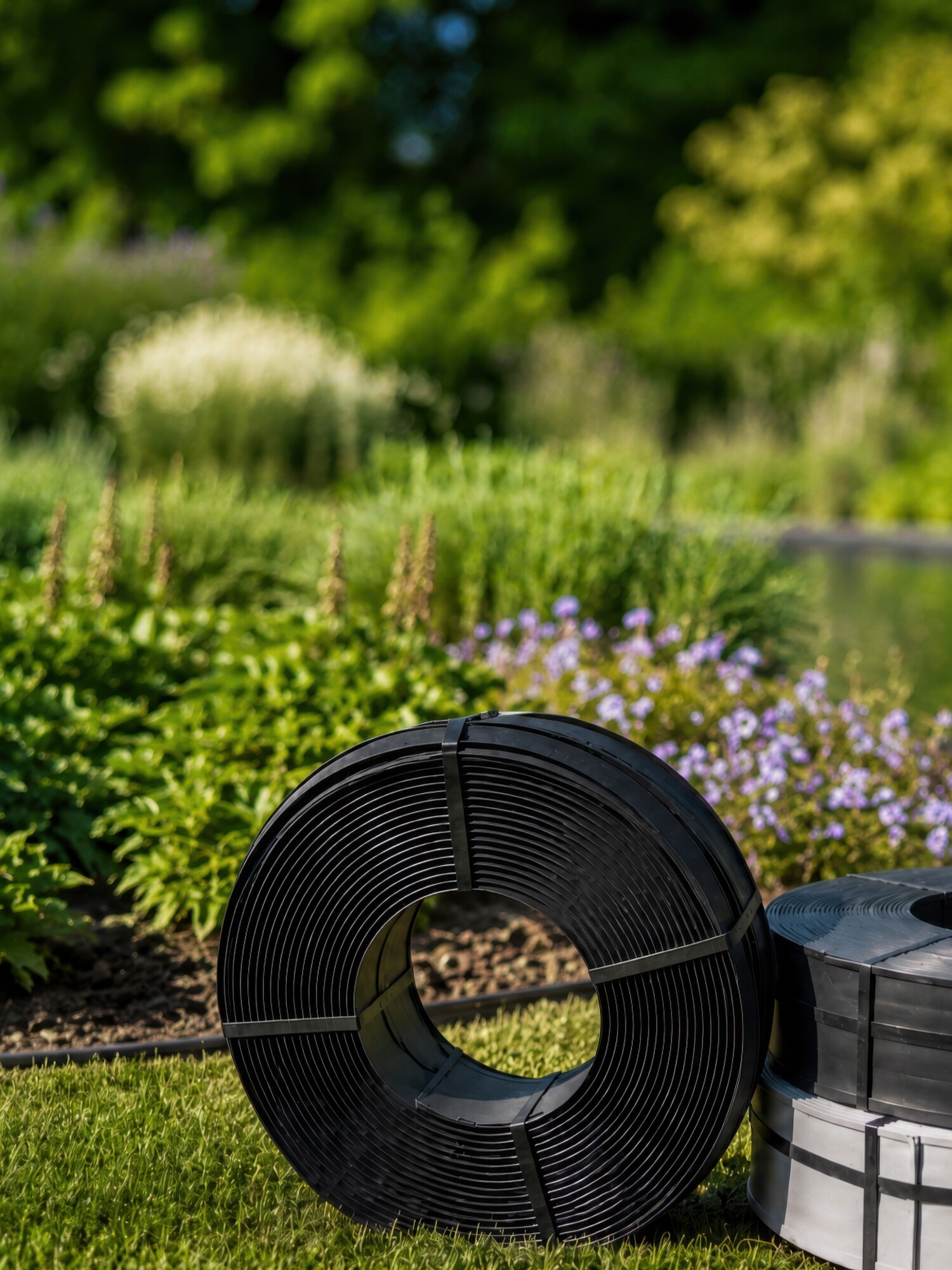 Barbell met gewichtsschijven op gras naast een ton, met bloeiende tuin op de achtergrond