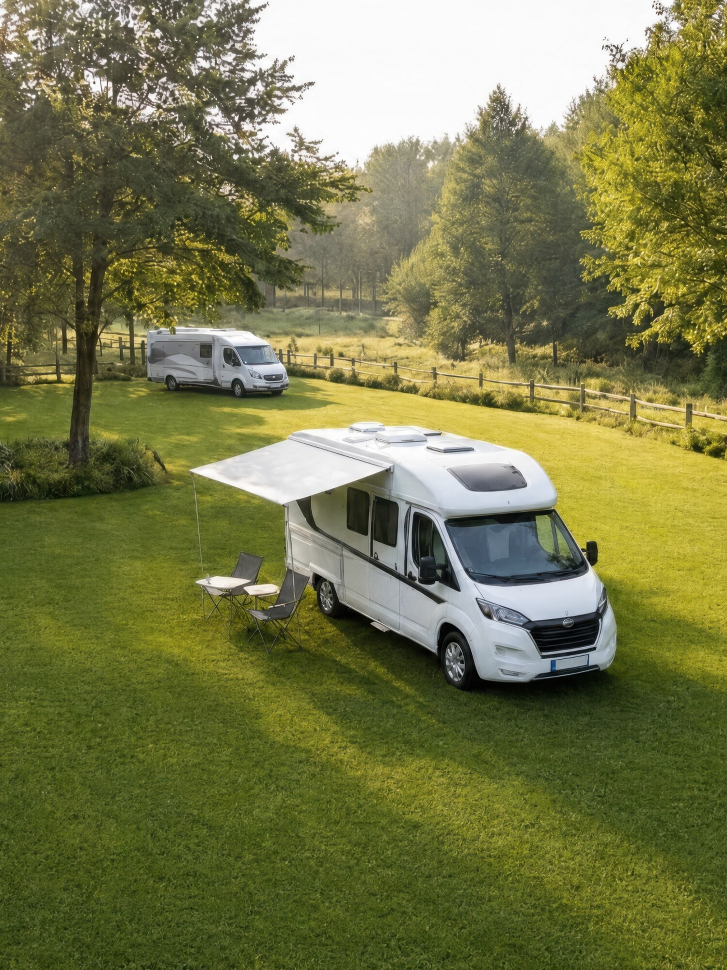 Witte camper op groen grasveld tussen bomen, met nog een camper op de achtergrond.
