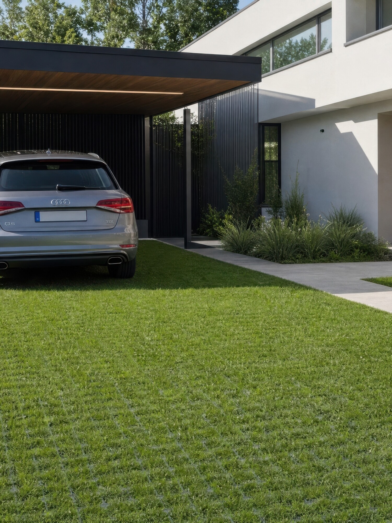 Auto onder carport naast modern huis, met groen grasrooster en tuinpad.