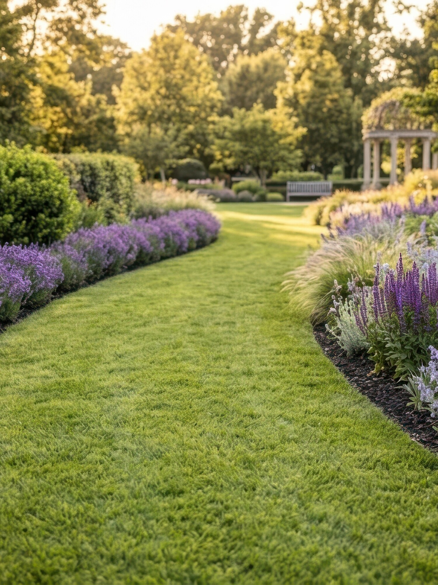 Kronkelend graspaadje tussen paarse bloemen en struiken in een tuin