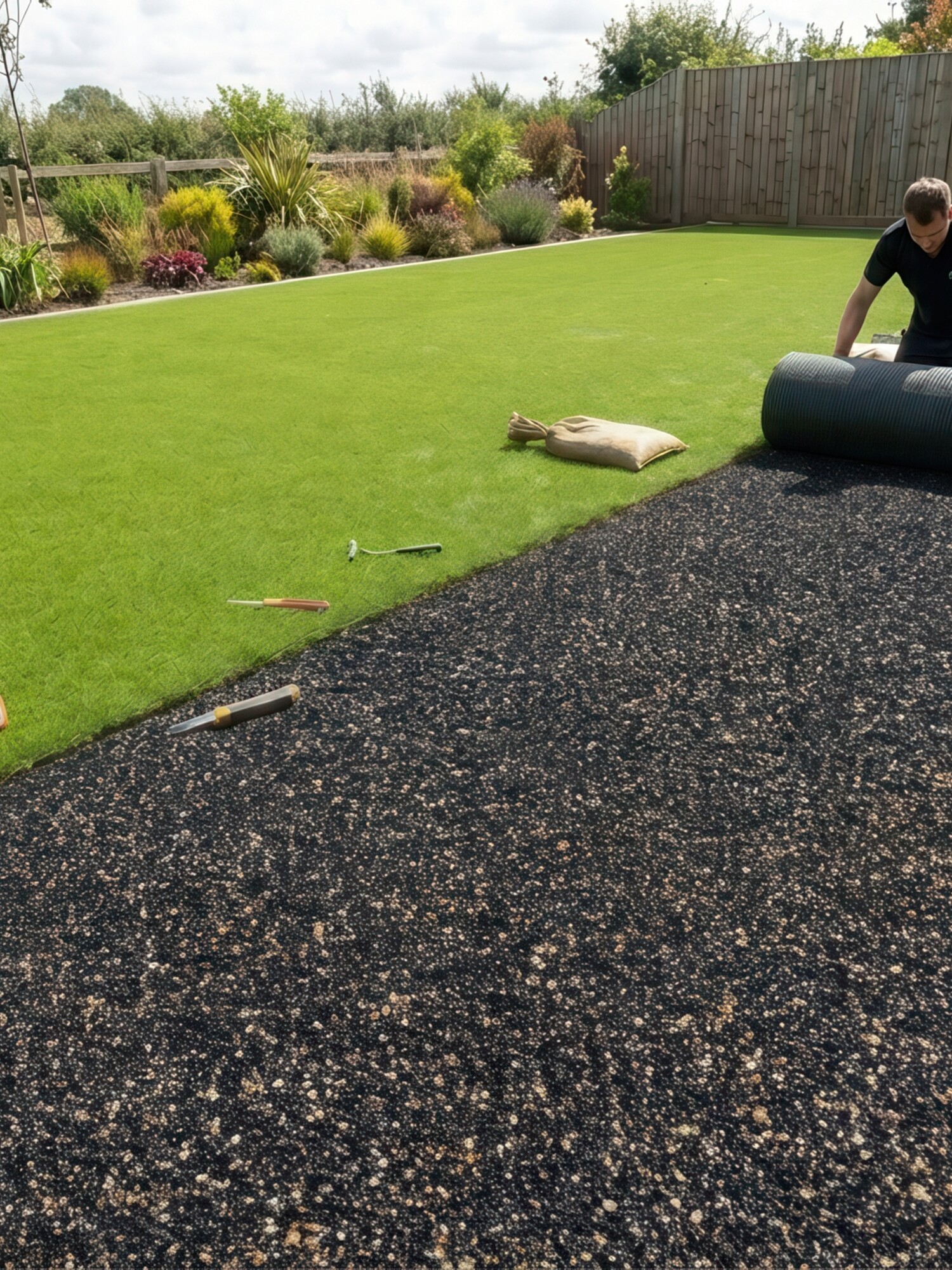 Twee personen rollen kunstgras uit over zwarte ondergrond in een tuin.