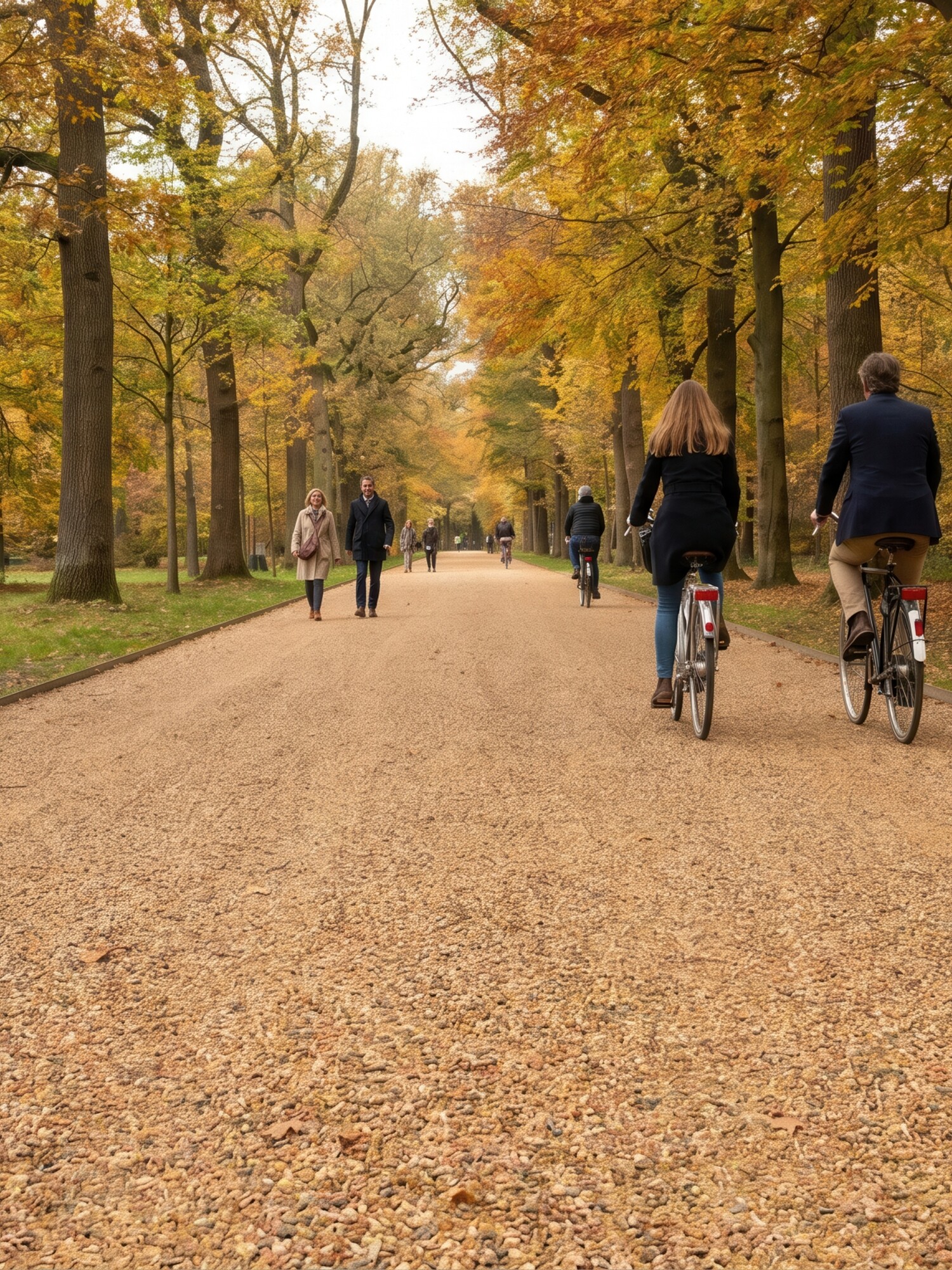 Twee fietsers en wandelaars op een met bladeren bedekt pad in een herfstbos