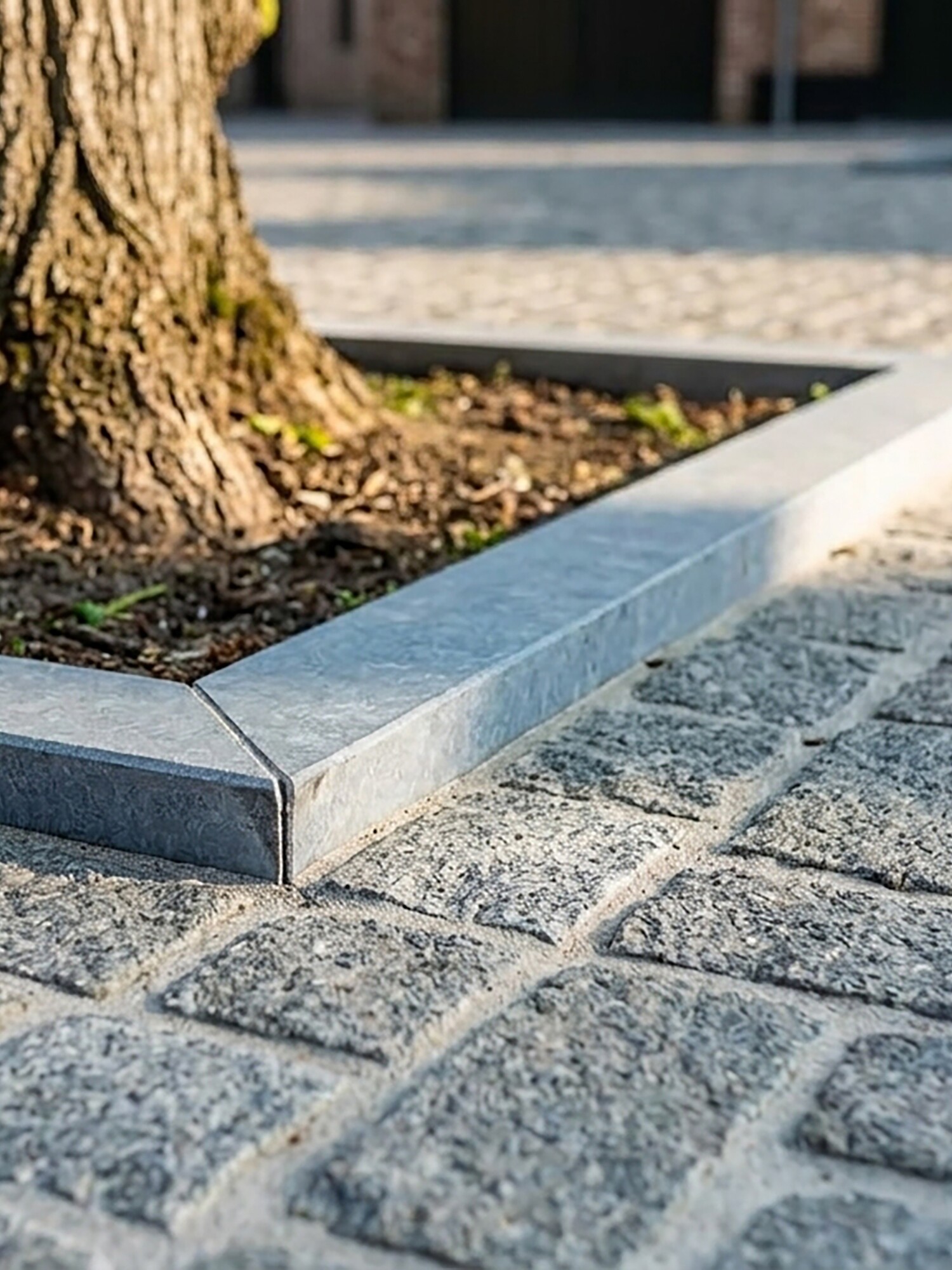 Tree trunk beside granite curb on cobblestone pavement in sunlight
