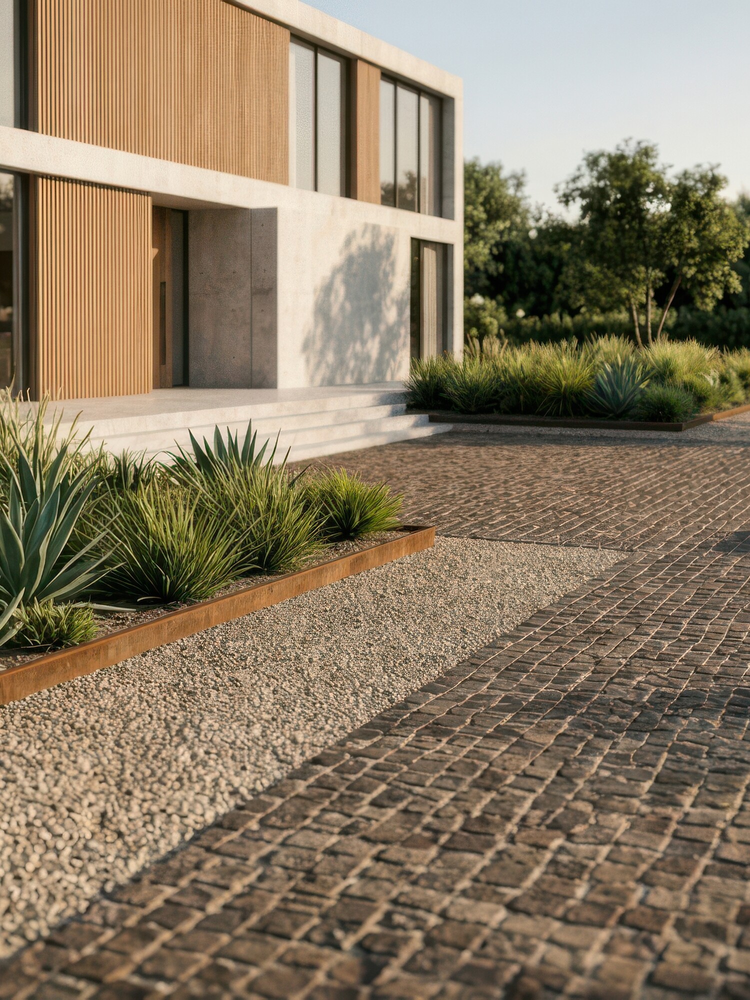 Modern kantoorgebouw met grindperk en parking met auto’s in avondlicht