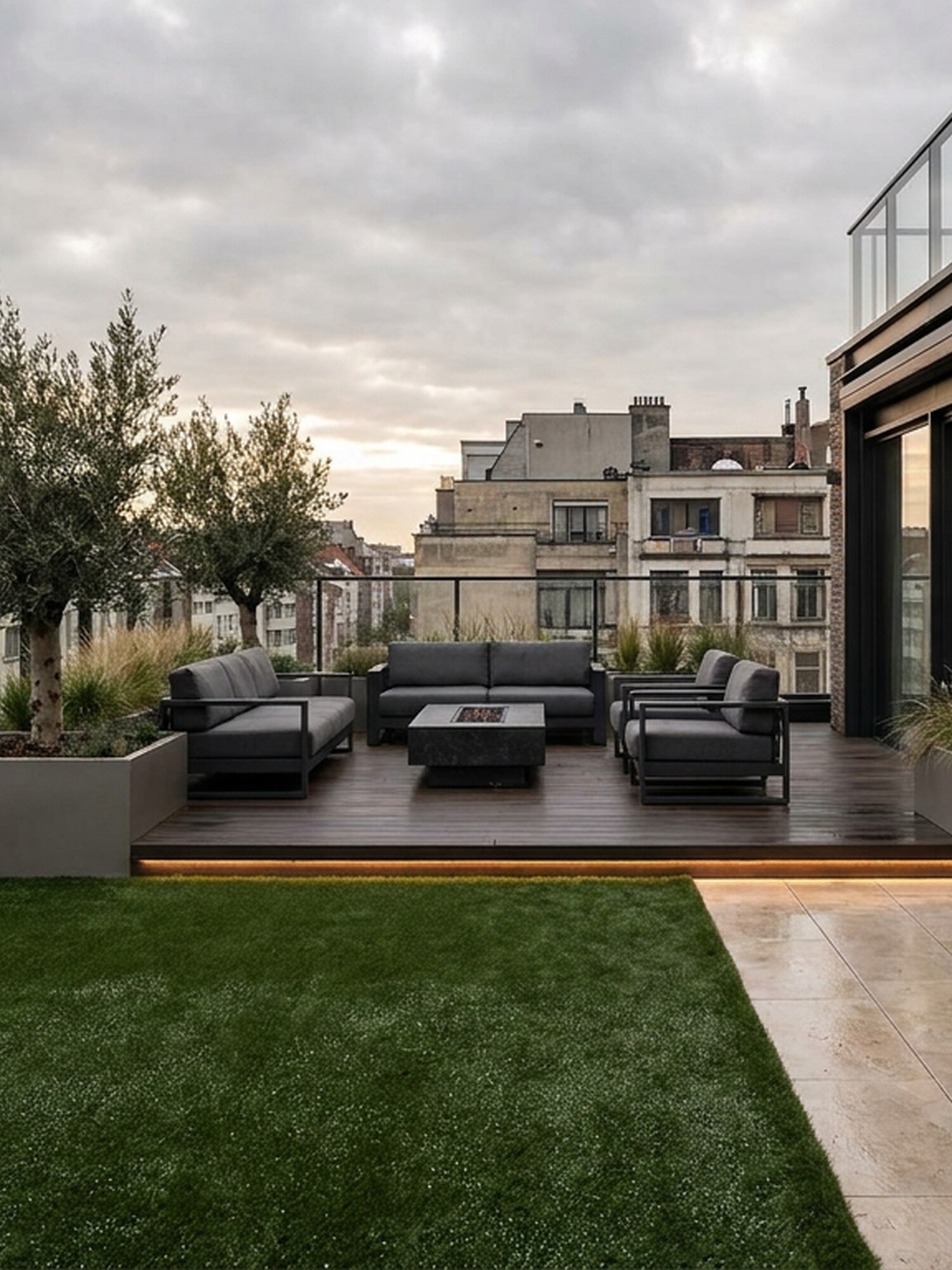 Dakterras met gras, loungezetels en glazen gevel bij bewolkte lucht