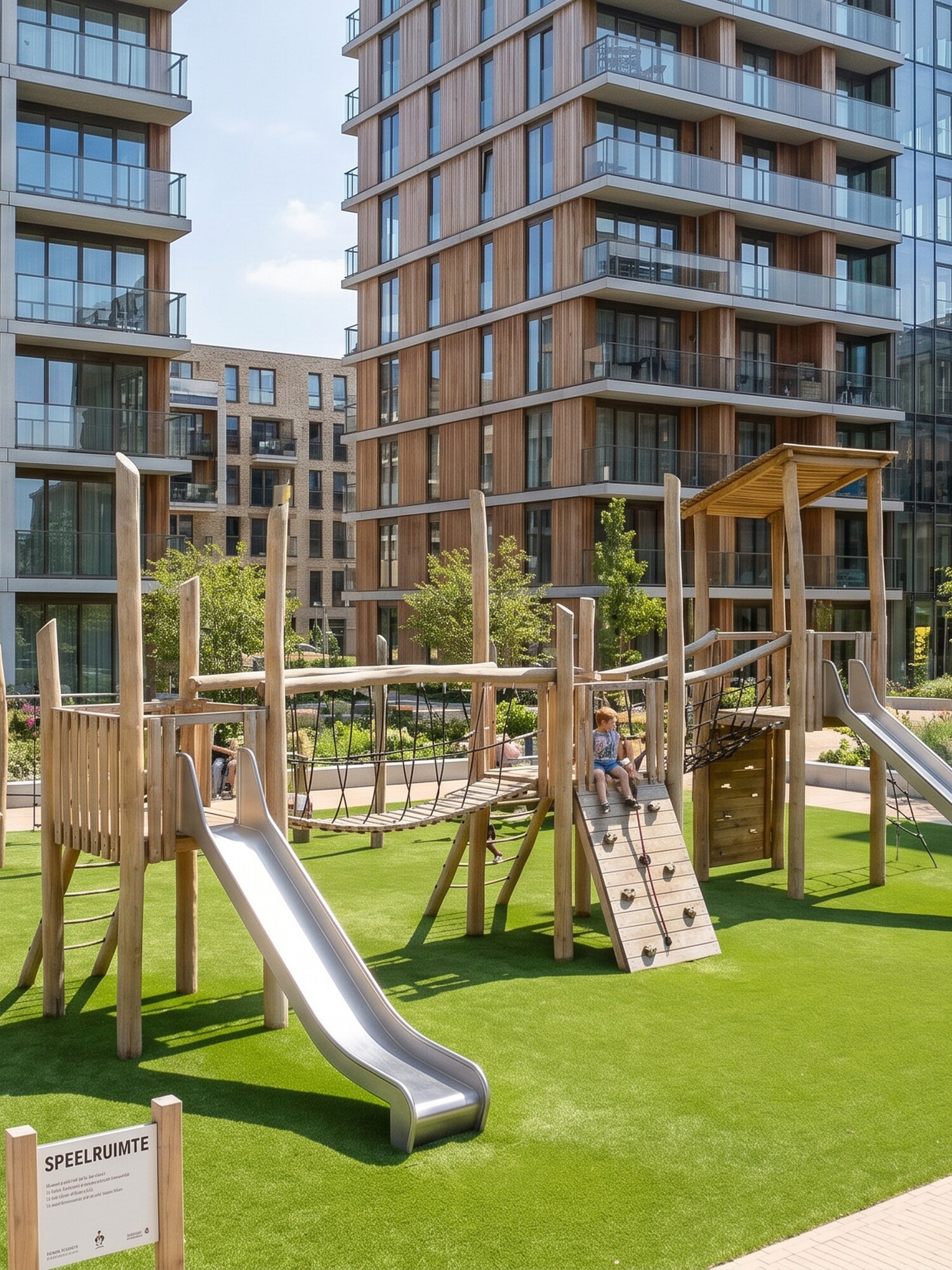 Kinderen spelen op glijbanen in groene binnentuin tussen hoge appartementsgebouwen.