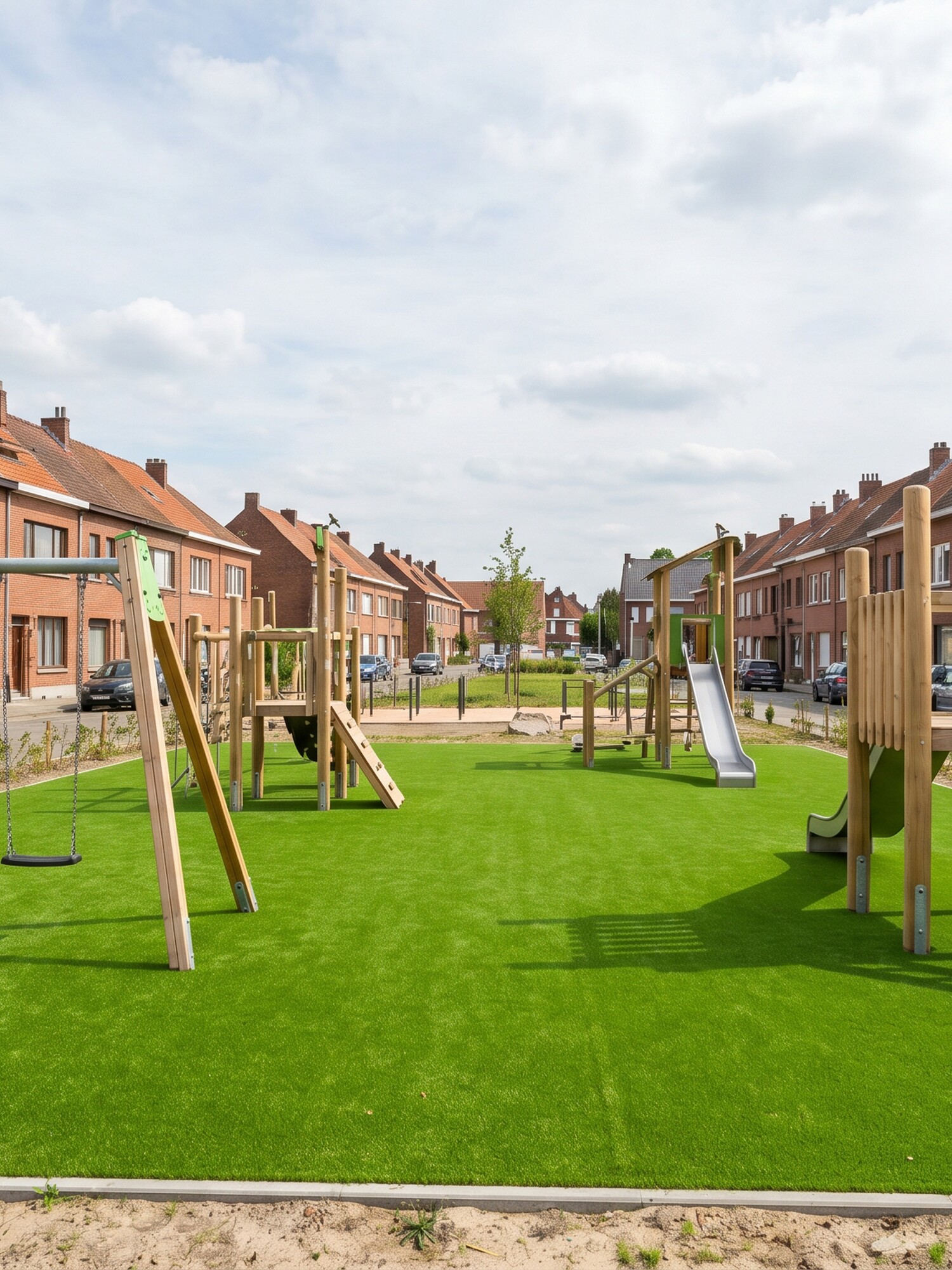 Groene speelzone met schommels tussen bakstenen rijhuizen under blauwe lucht