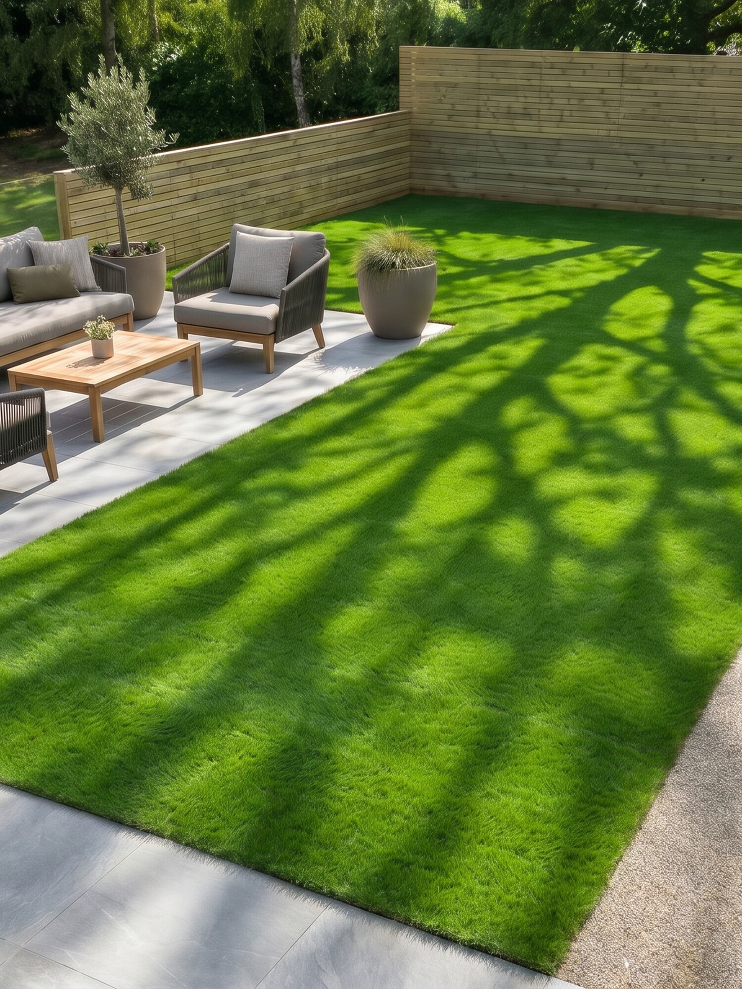 Moderne tuin met terrasmeubilair en rechthoekig grasveld met schaduwen