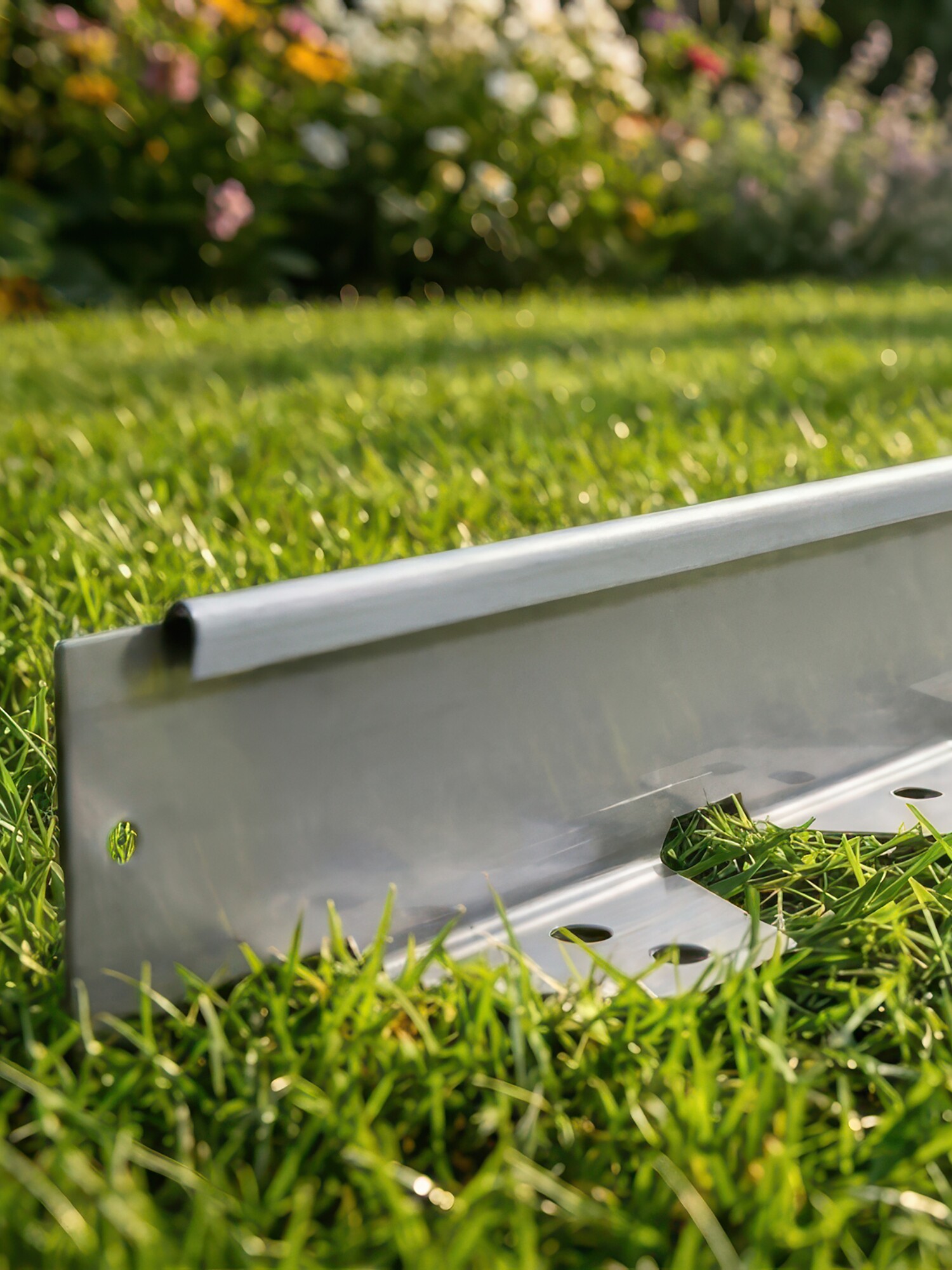 Metal curb with base plate on a grassy lawn in sunlight