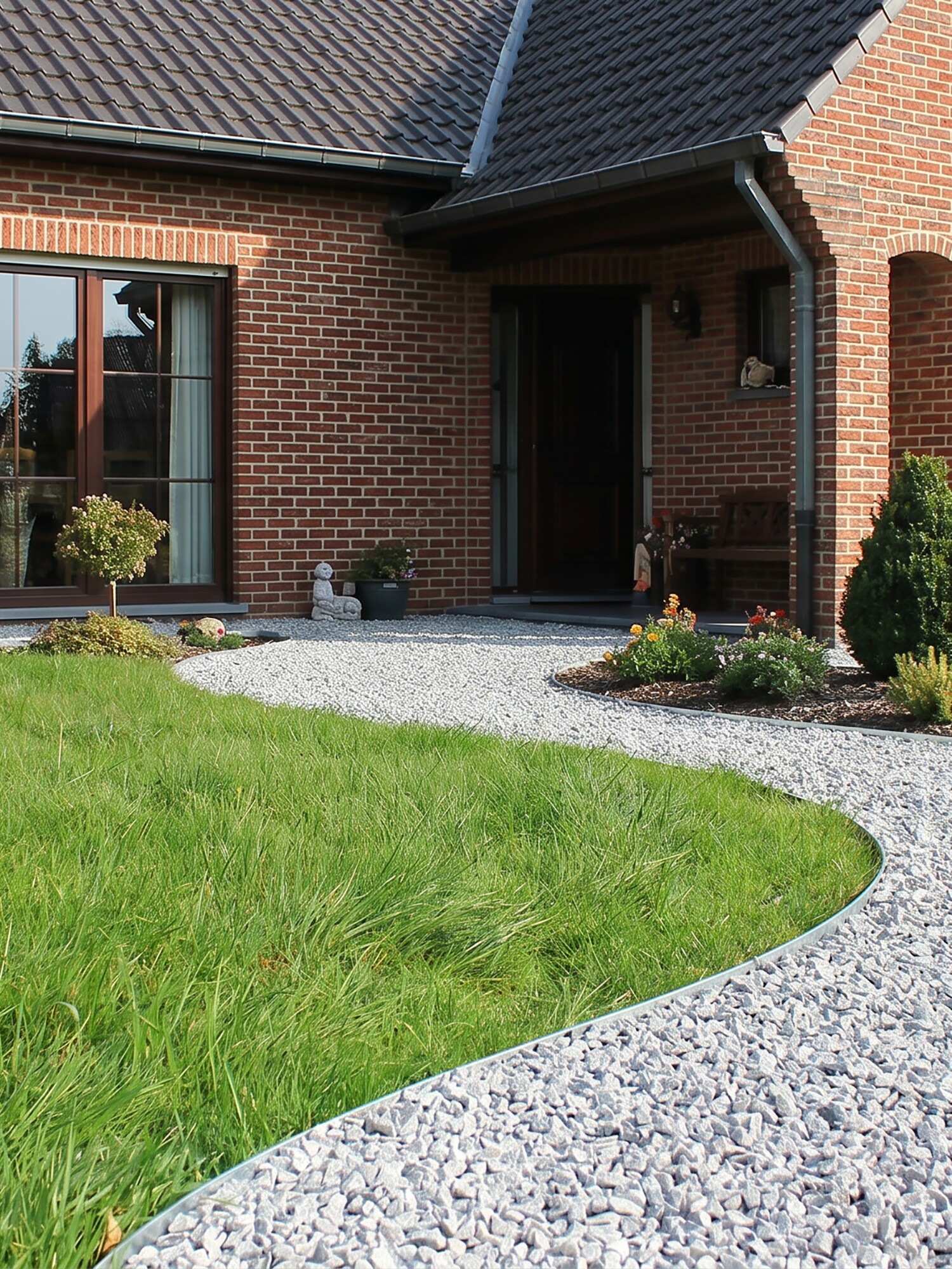 Brick house entrance with curved gravel path and green lawn