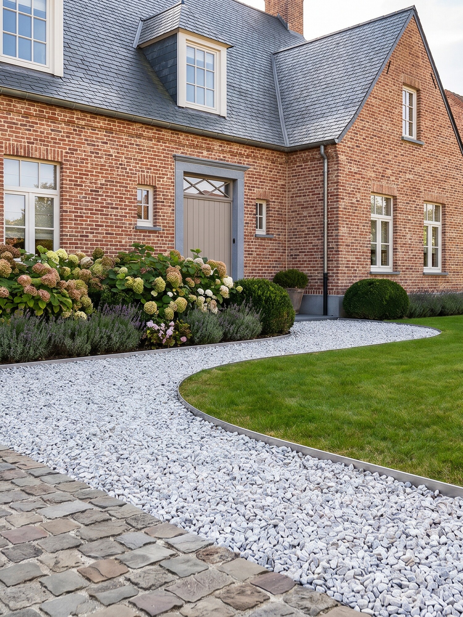 Brick house with curved gravel and cobblestone driveway, green lawn, and shrubs