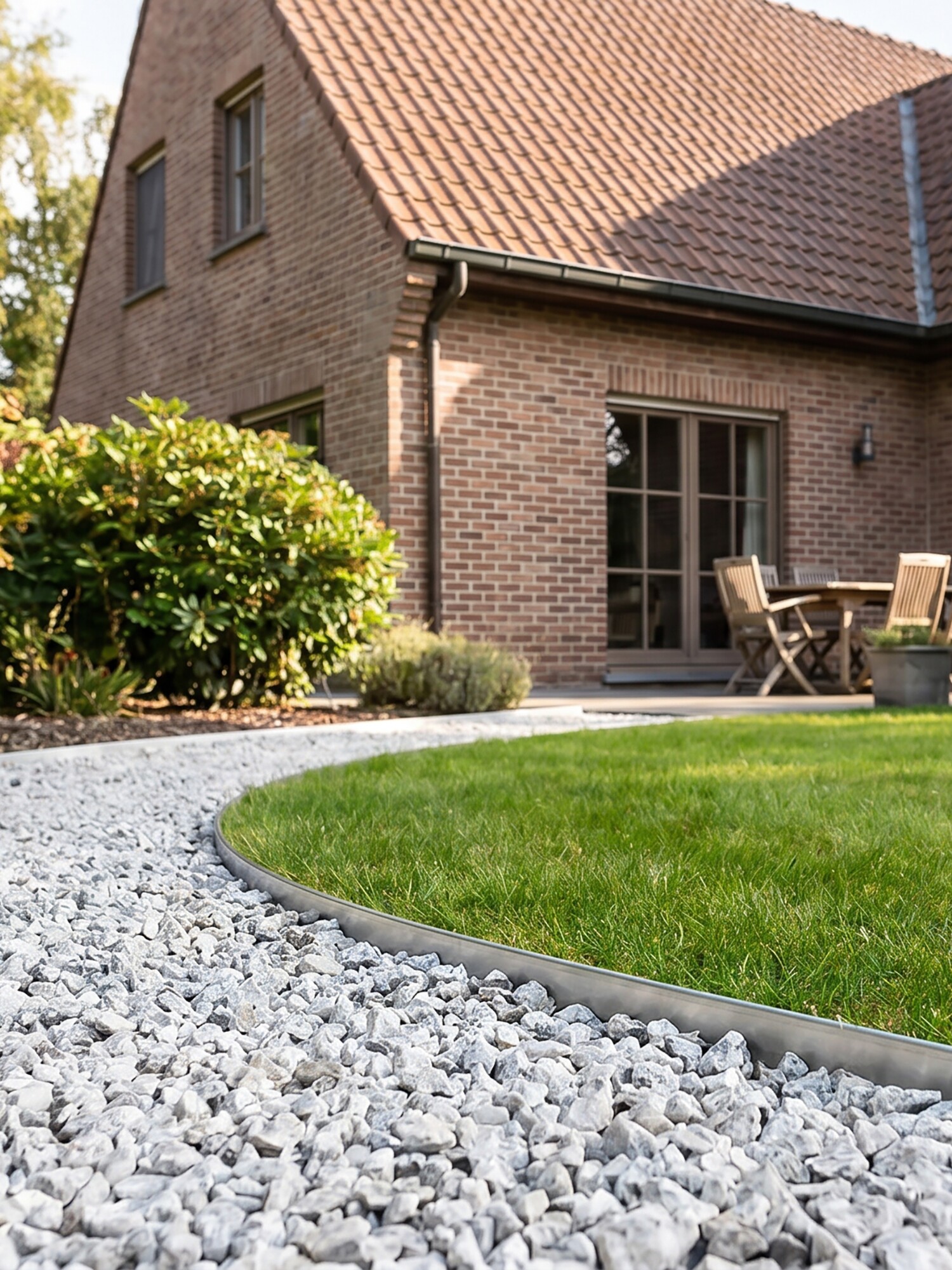 Brick house with patio chairs, curved gravel path bordering a green lawn