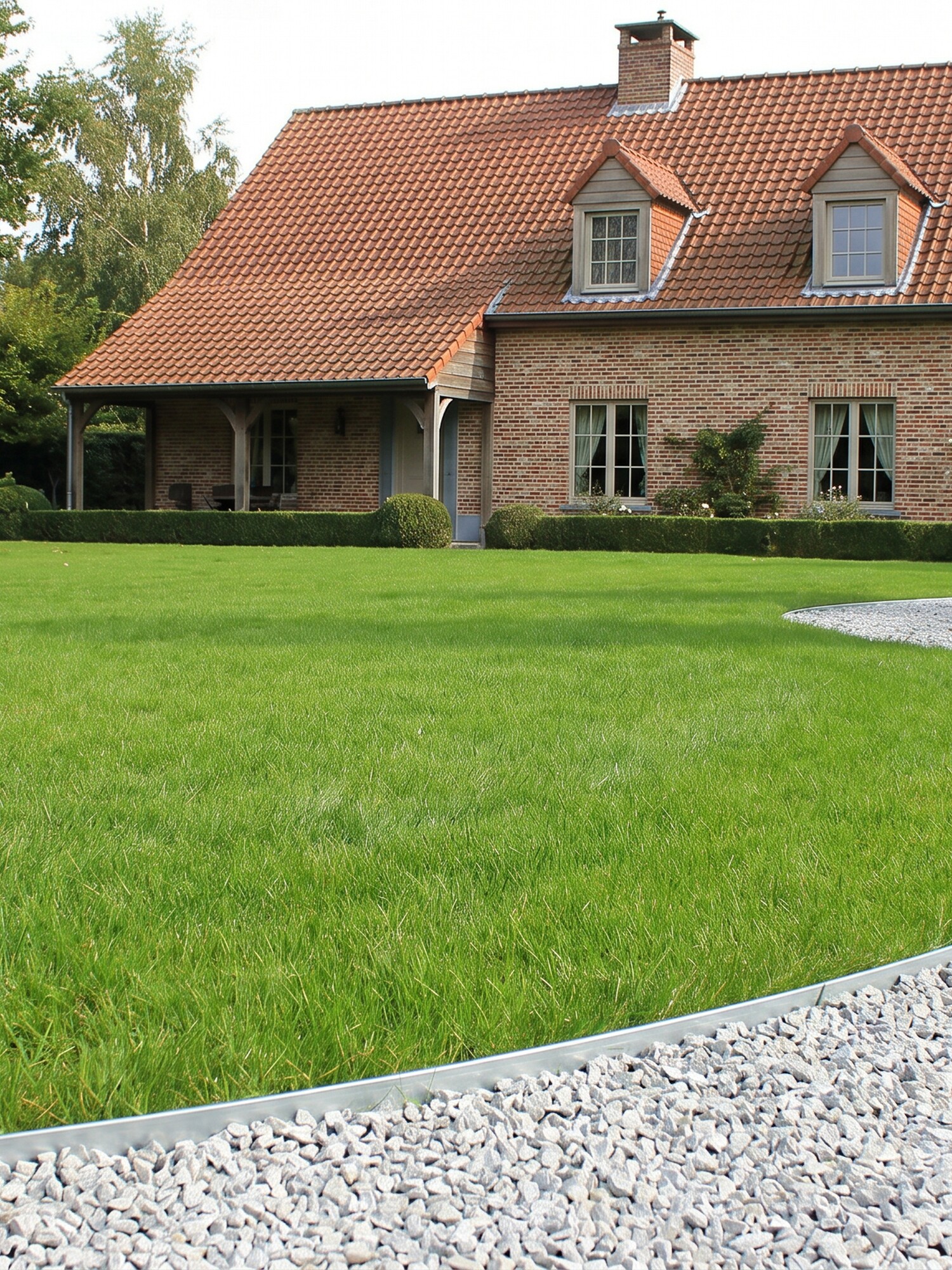 Brick house with red roof behind a large green lawn and curved gravel driveway