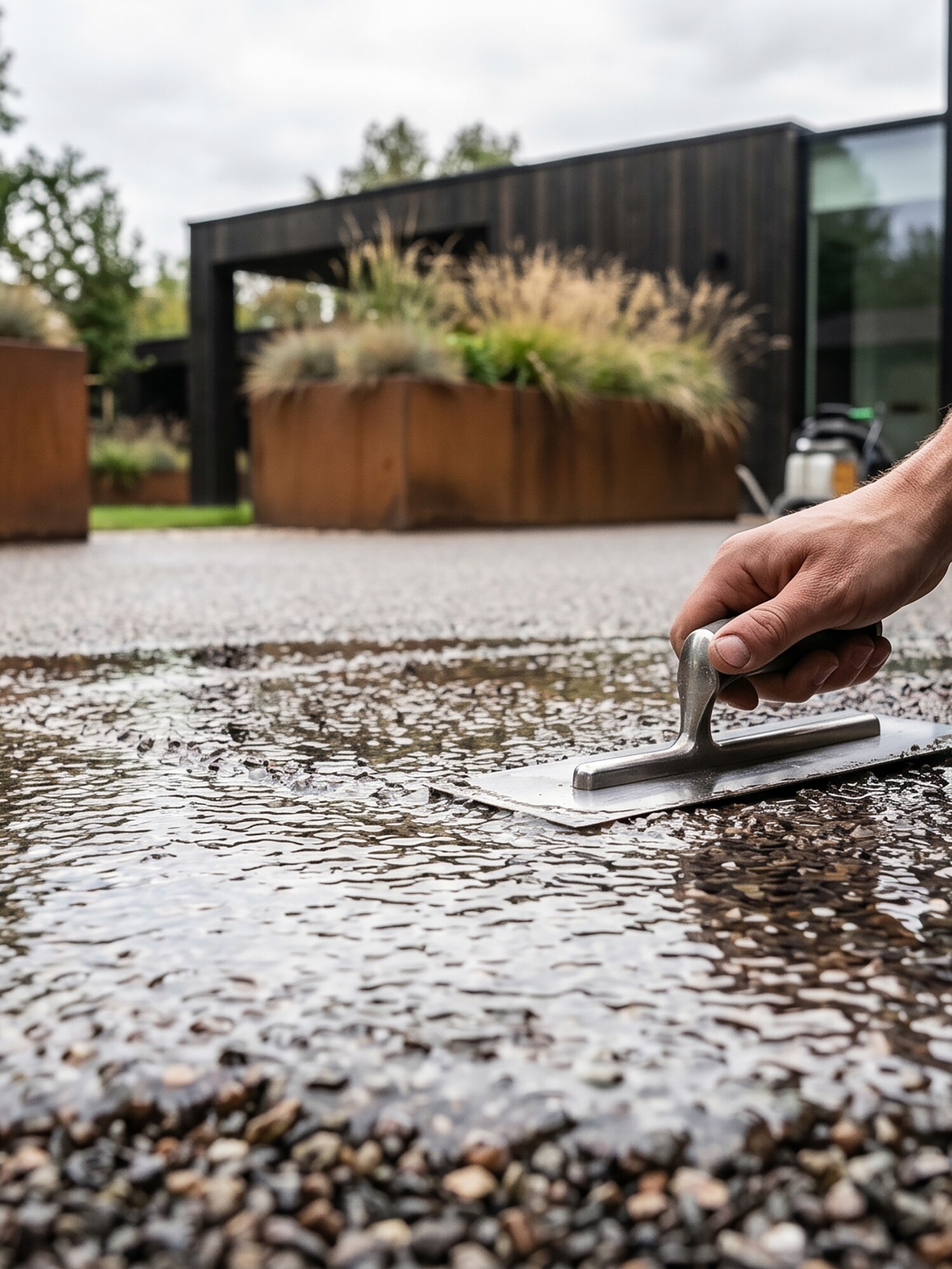Main utilisant une raclette pour étaler de l'eau sur une terrasse en gravier près de bacs à plantes modernes