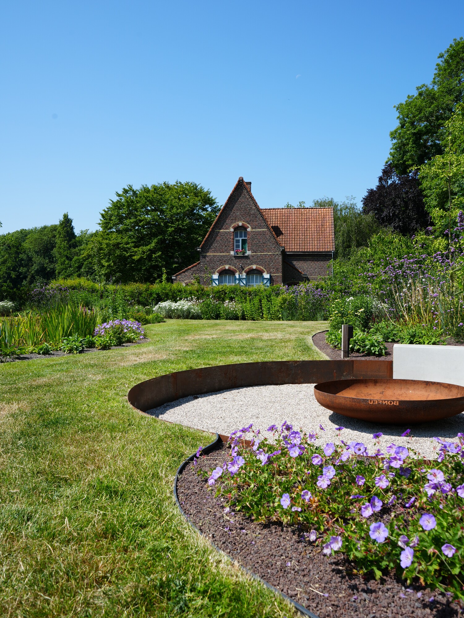 Curved garden beds with purple flowers in grassy yard, house and trees under blue sky