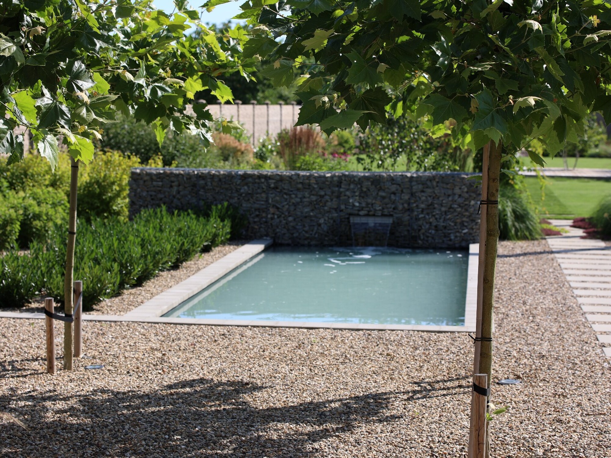 Rechteckiger Swimmingpool neben einer Kies-Terrasse und Hecken unter einem Baumkronendach