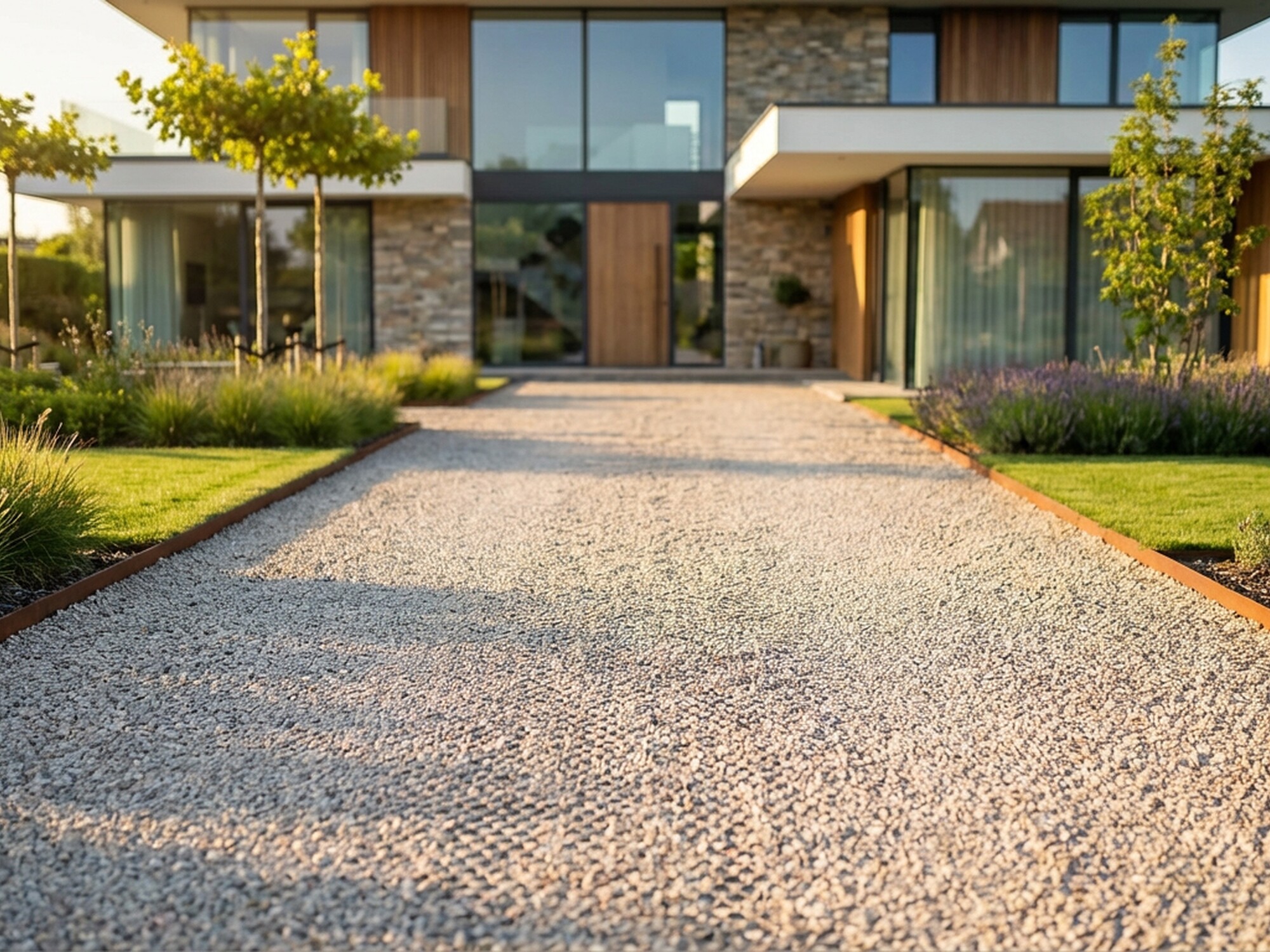 Moderne woning met brede grindoprit in warm avondlicht